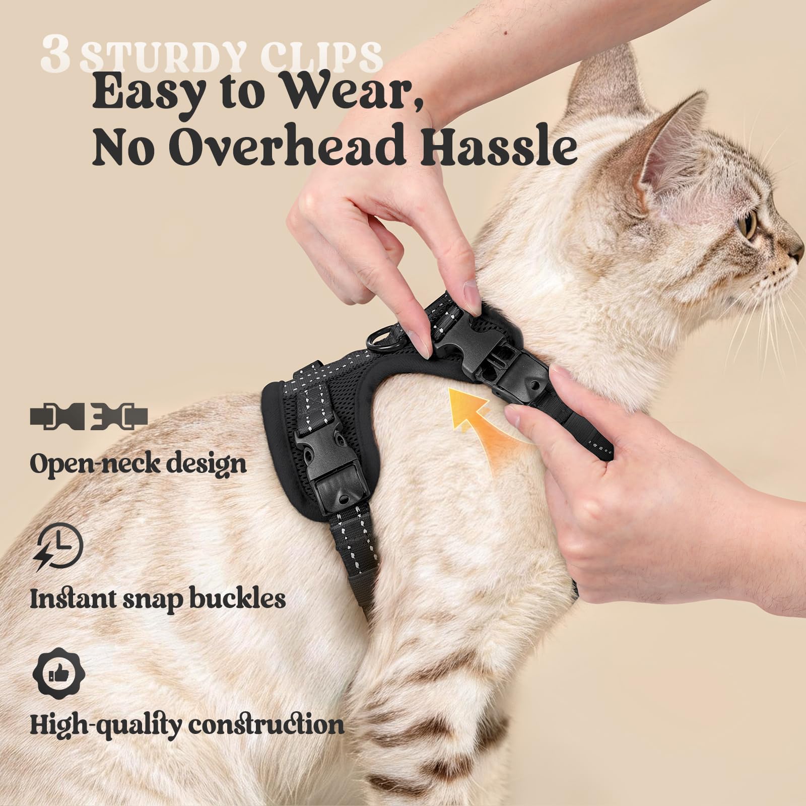 rabbitgoo Cat Harness and Leash, Escape Proof Vest with 3 Adjustable Buckles, Soft Comfortable Kitten Harness, Easy to Wear, Reflective for Safe Outdoor Walking, Medium, Black - 4
