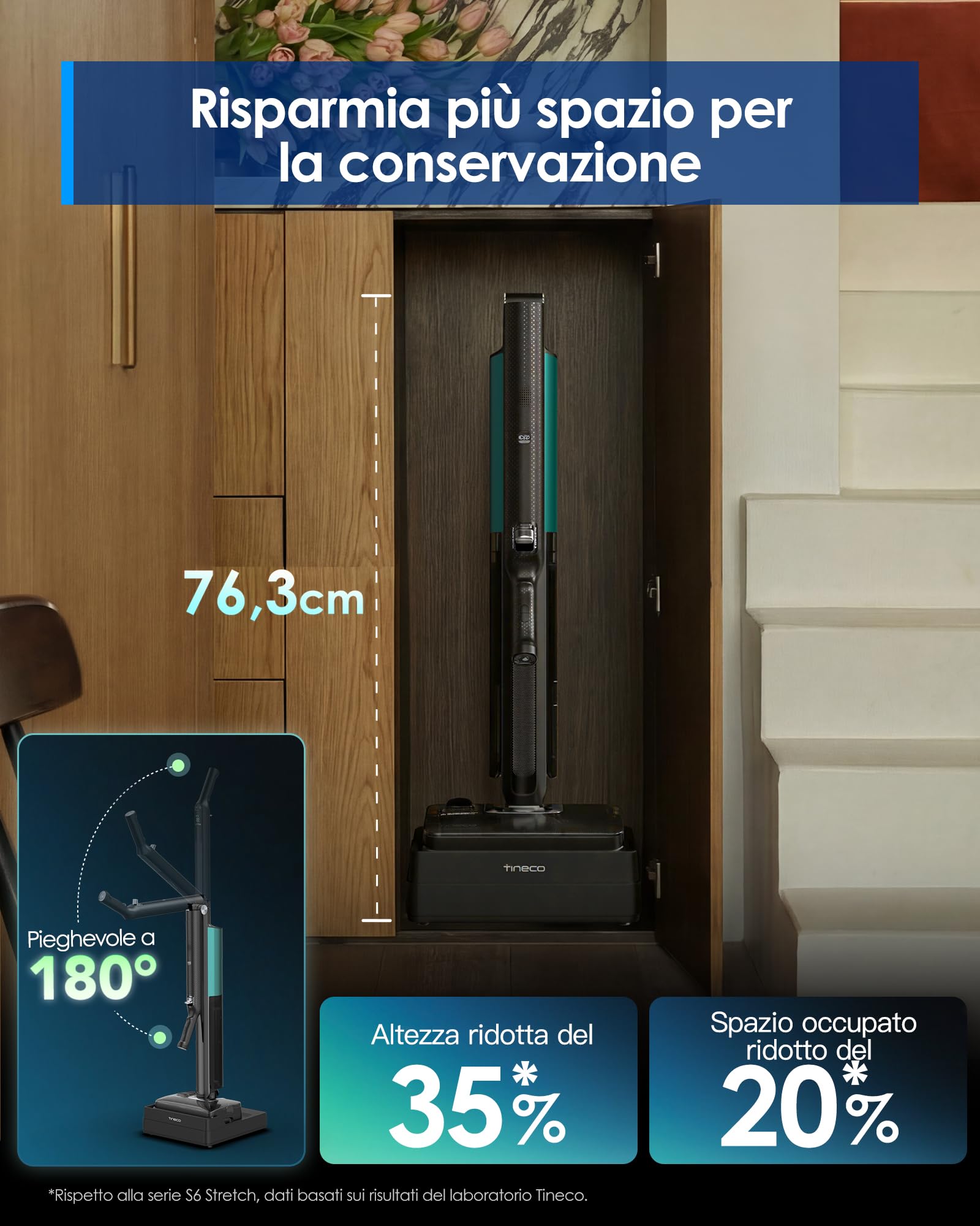 Tineco Floor One i7 Fold Lavapavimenti aspirapolvere senza fili, 22.000Pa, Anti-Groviglio DualBlock, Tubo 180°, FlashDry 85℃, 45 dB Silenzioso, 50min, Pulizia Bordi