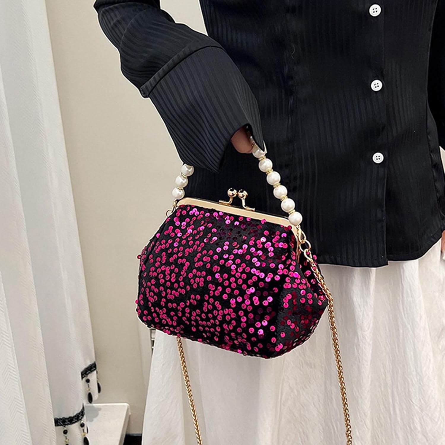 Evening Bag Clutch Purse for Women, Sparkling Sequin Handbag, Elegant Pearl Crossbody Bag, Ladies Purse