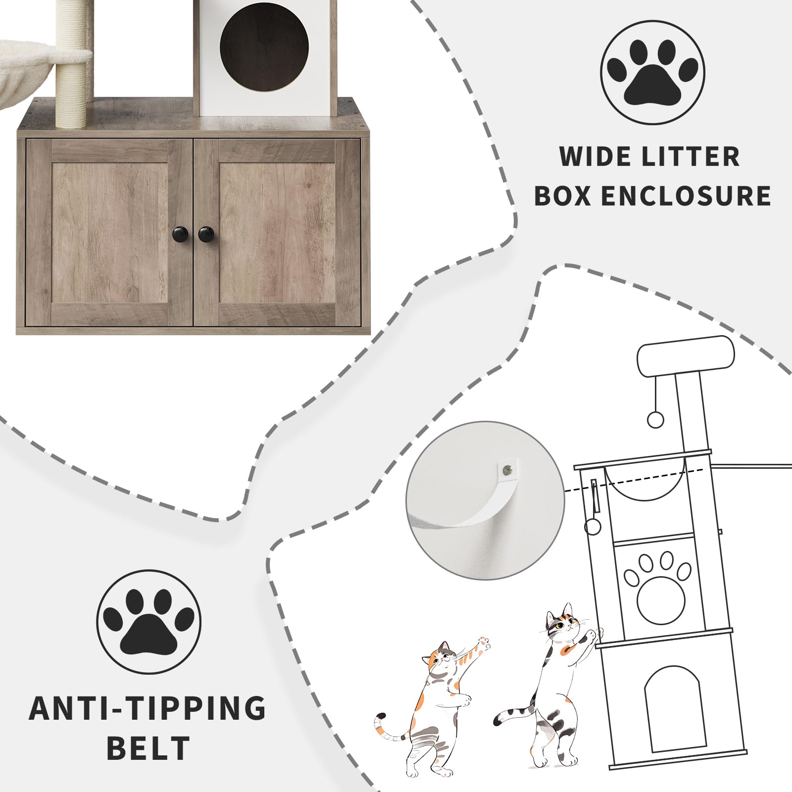 Kratzbaum Groß Mit Katzentoilettengehäuse, Versteckte Katzentoilette Mit Sisal-Kratzbaum Und Weichem Plüschsitzplatz, Aktivitätsbaum, Katzenmöbel Aus Holz Mit Mehreren Plattformen, Grau