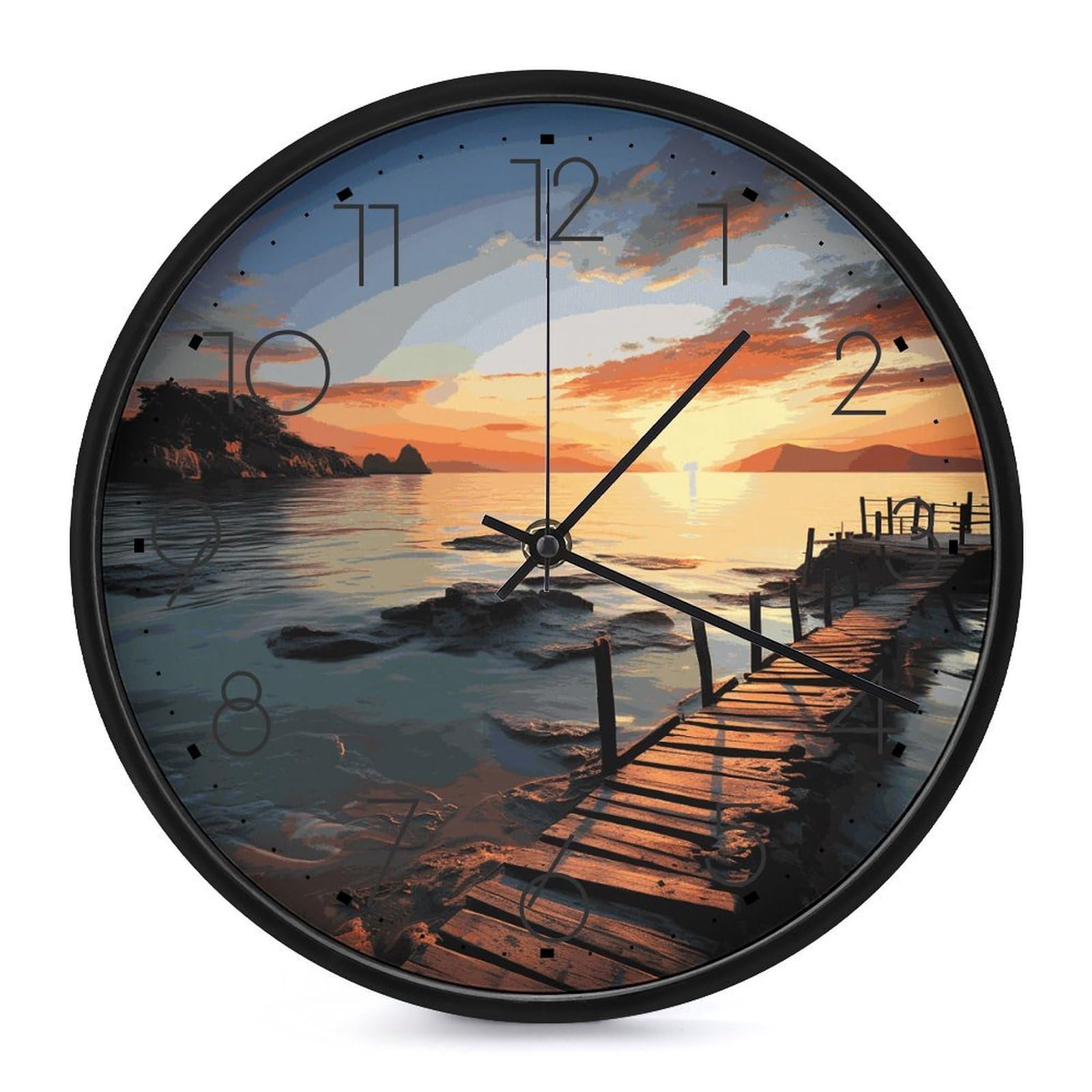 Adfgyerh Black-Style Seascape Sunset Ocean Beach Clock，9.8 Inch Battery Operated Wall Clock Classic Simple, Decorative Wall Clock.analog Clock For Kitchen Office Bathroom Bedroom.