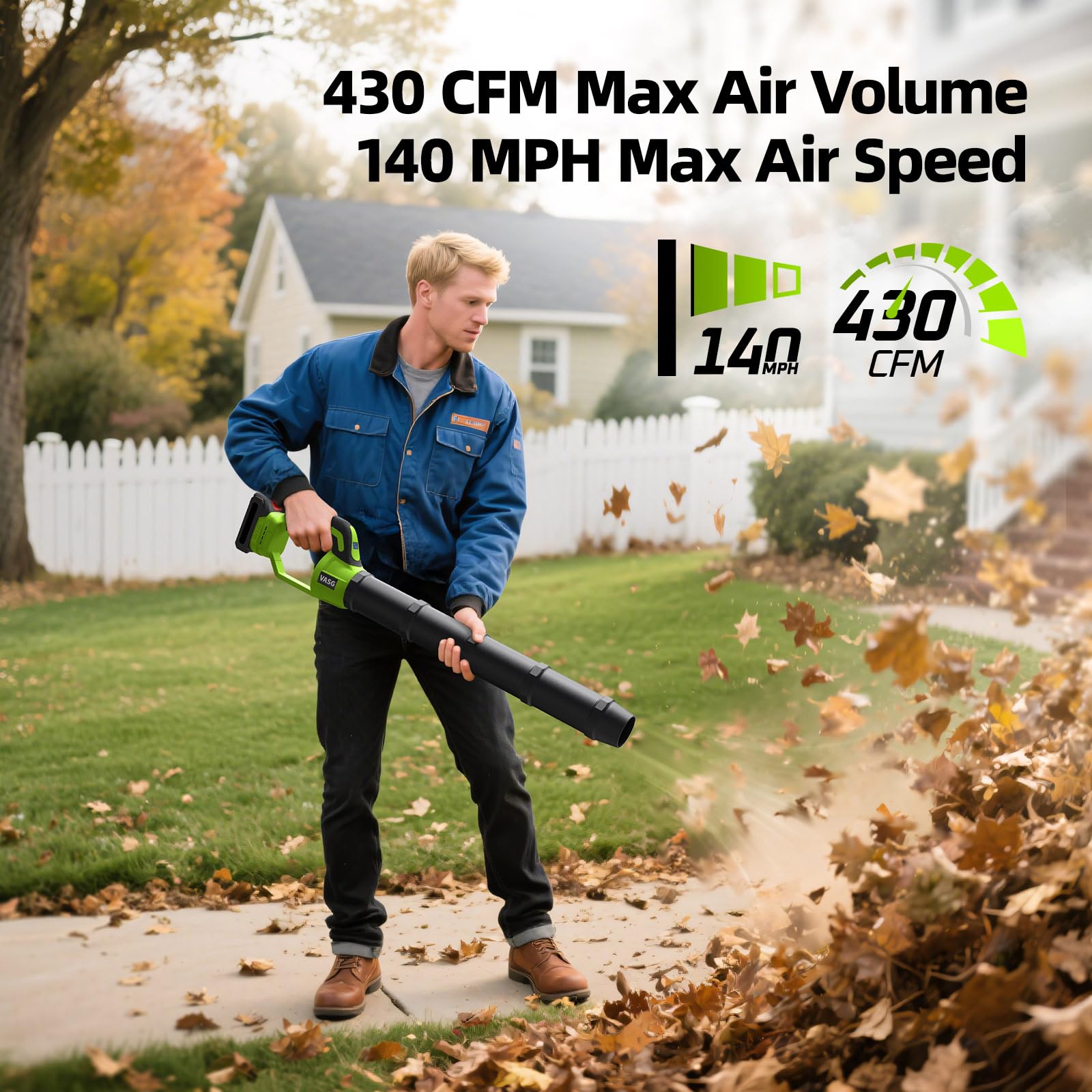 VASG Leaf Blower Cordless, 3 x 21V Batteries & Fast Charger Set, Variable Speed Mode, Lightweight Handheld Electric Leaf Blower for Lawn Care, Yard, Garden, Patio & Outdoor Cleanup - Detailed View