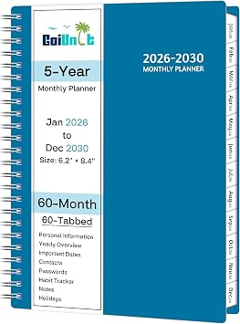 Monthly Planner 2026-2030, 5-Year Calendar Planner 2026-2030, Jan 2026 Dec 2030, 6.2 x 8.4 In, Ruled Spread, Flexible Cover, Spiral Wirebound, Pocket, 60 Coated Monthly Tabs, Notes & Habit Tracker