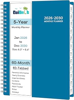 Monthly Planner 2026-2030, 5-Year Calendar Planner 2026-2030, Jan 2026 – Dec 2030, 6.2 x 8.4 In, Ruled Spread, Flexible Cover, Spiral Wirebound, Pocket, 60 Coated Monthly Tabs, Notes ＆ Habit Tracker