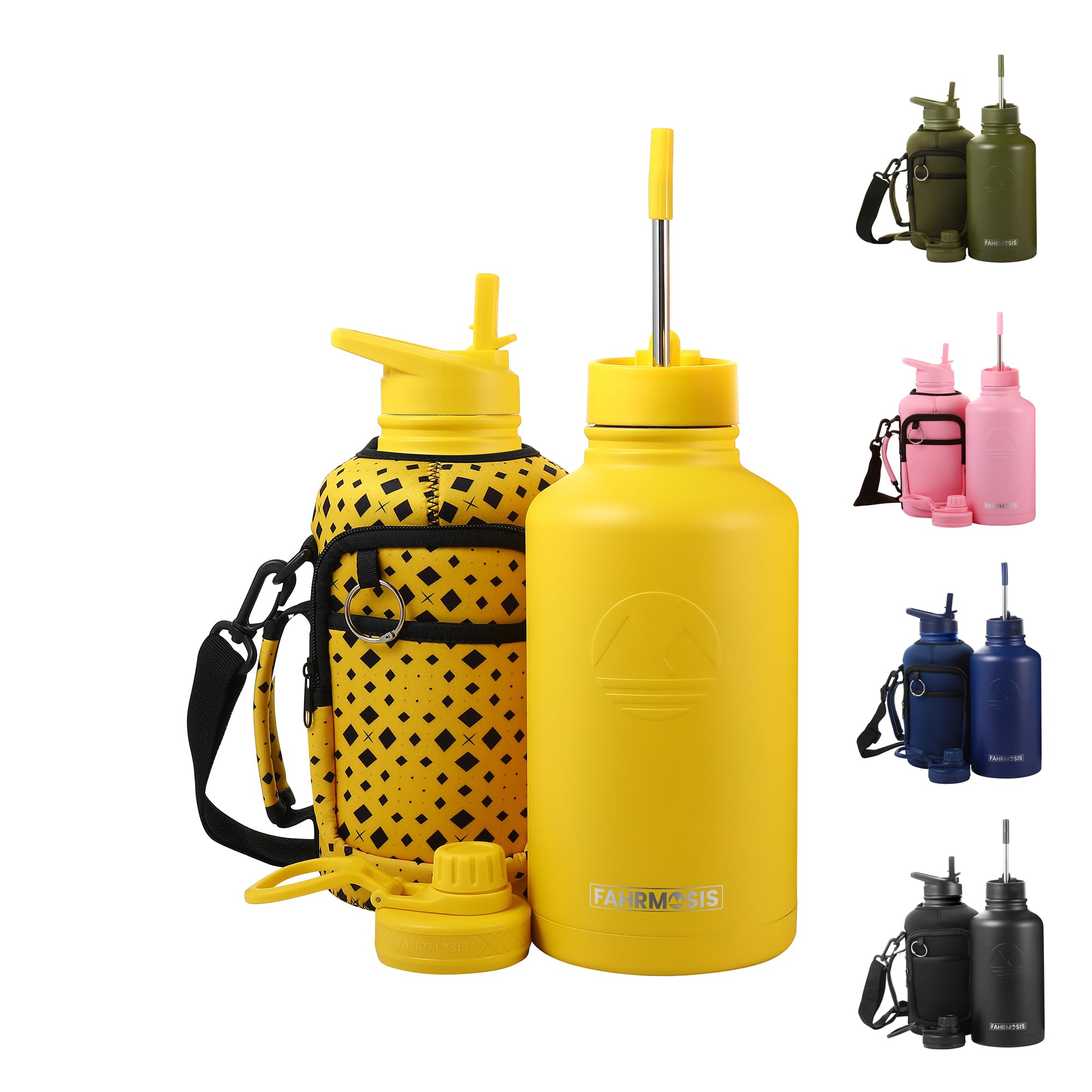 FAHRMOSIS Botella de agua aislada de 64 onzas, botella de agua de acero inoxidable con popote y correa de soporte, incluye 3 tapas, botella de agua fría a prueba de fugas para hombres y mujeres,