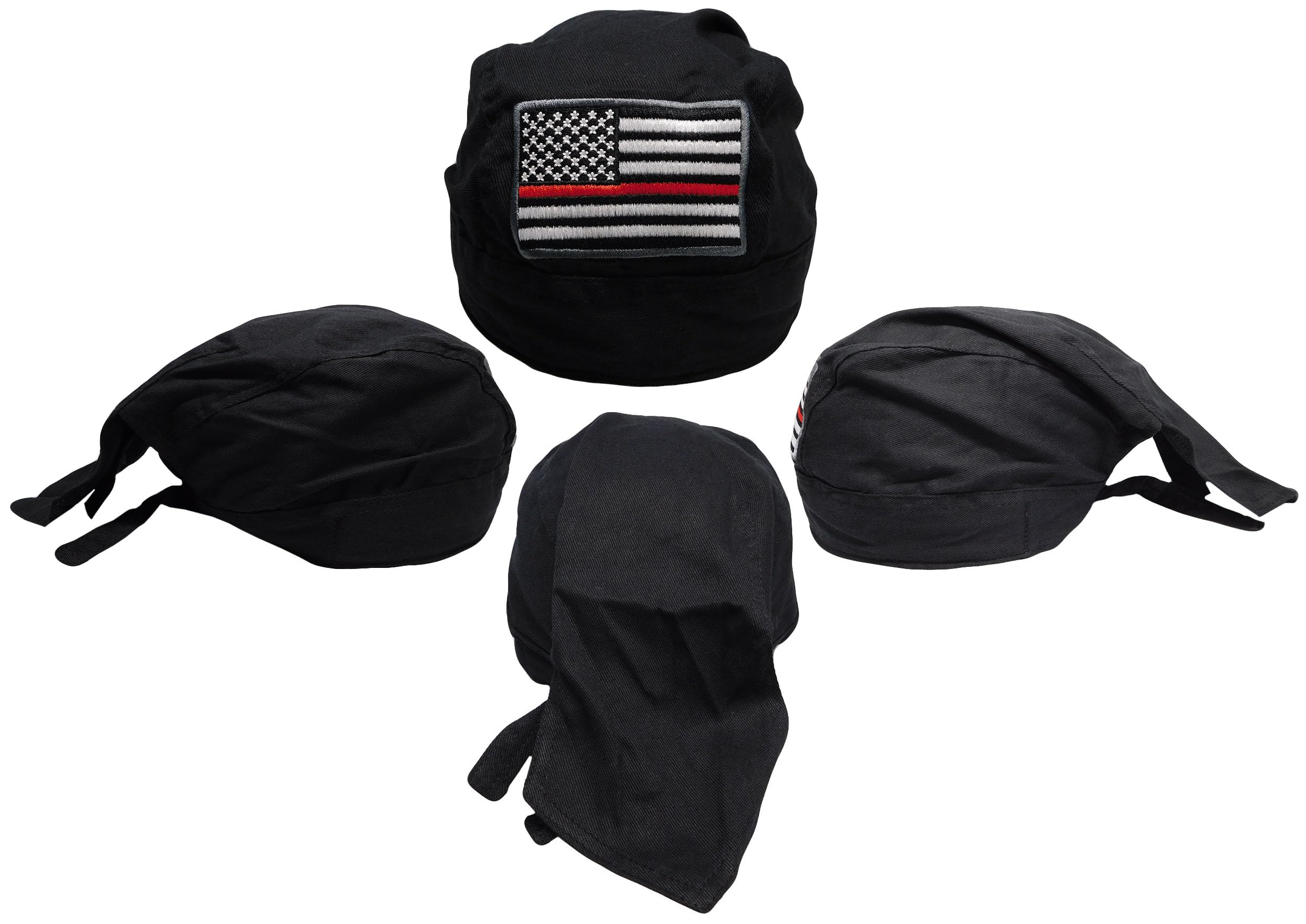 USA Thin Red Line Fire Memorial Black Embroidered Doo Rag Skull Cap