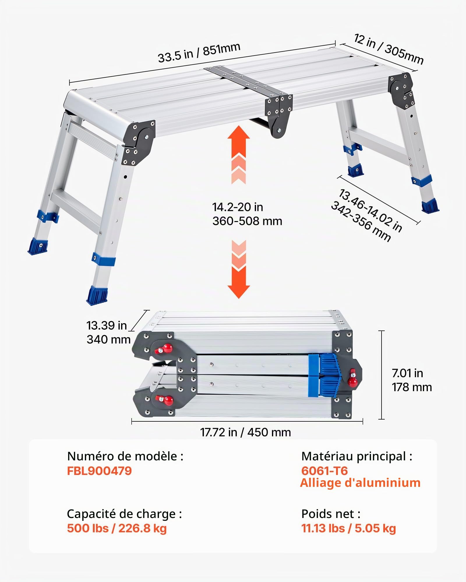 VEVOR Plateforme de Travail Pliable, Hauteur Réglable 360-508 mm, Marchepied en Alliage d'Aluminium, Capacité de Charge 226,8 kg, pour Peinture, Nettoyage, Maison et Usage Professionnel, Antidérapant