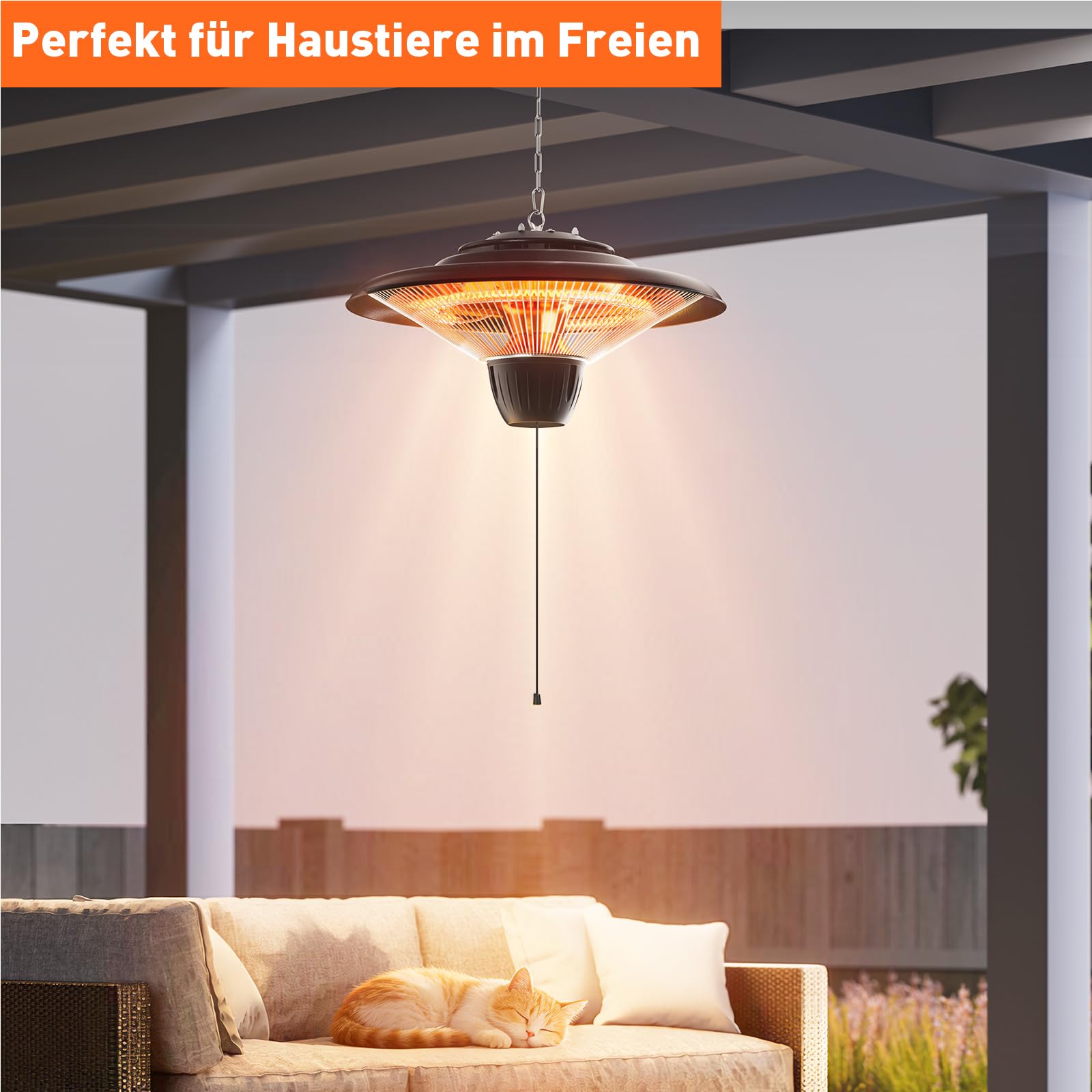Elektrischer Infrarot Heizstrahler 1500W, Deckenheizung, Hängend für Terrasse & Balkon, Wasserdicht Elektrisch Terrassenstrahler für Innen & Außen, Schwarz