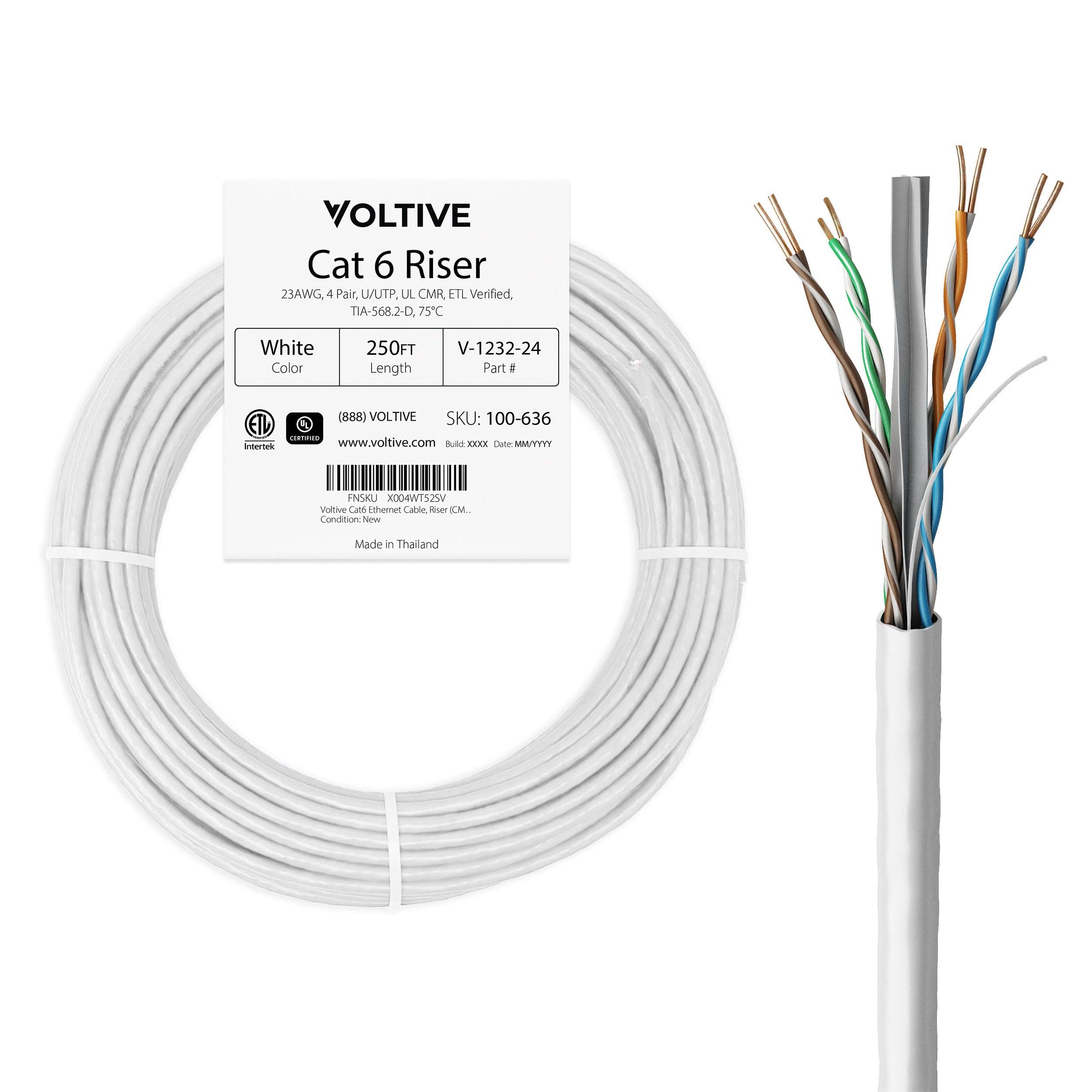 Voltive Cat6 Ethernet Cable, Riser (CMR), White, 250ft - 23AWG 4 Pair Solid Bare Copper, UTP, 600MHz, UL Certified & ETL Verified - V-1232-24
