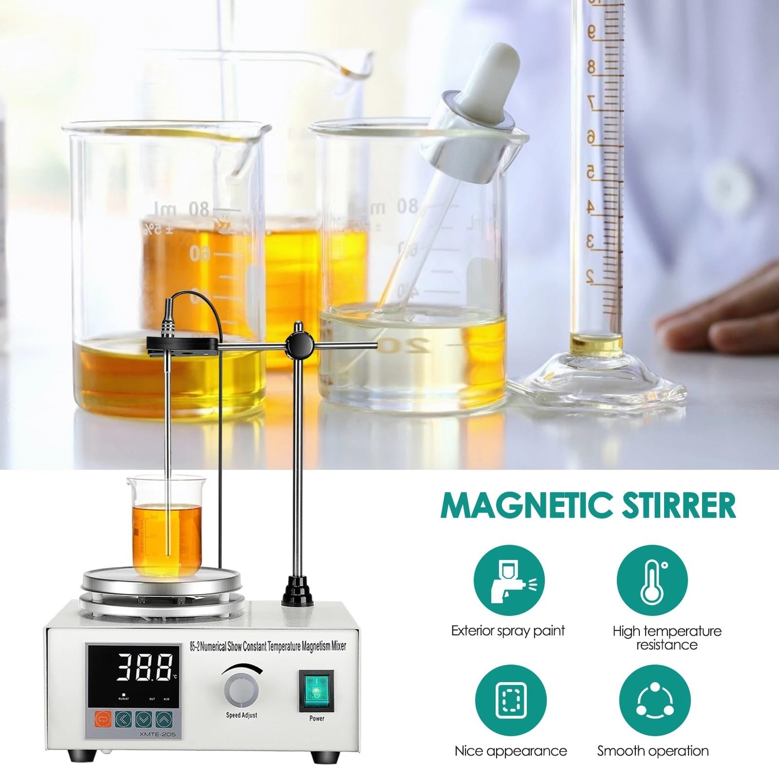 Mieszadło magnetyczne, Mieszadło magnetyczne laboratoryjne 200 W, podgrzewane, 1000 ml, mieszadło magnetyczne z gorącą płytą, mieszadło laboratoryjne z podwójną kontrolą, do mieszania