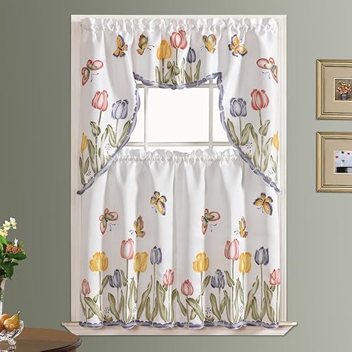 GOHD - Juego de 3 cortinas de cocina cepilladas con aire a mano de flores y diseño de mariposa sobre tela de satén gruesa (Tulip Vigor)