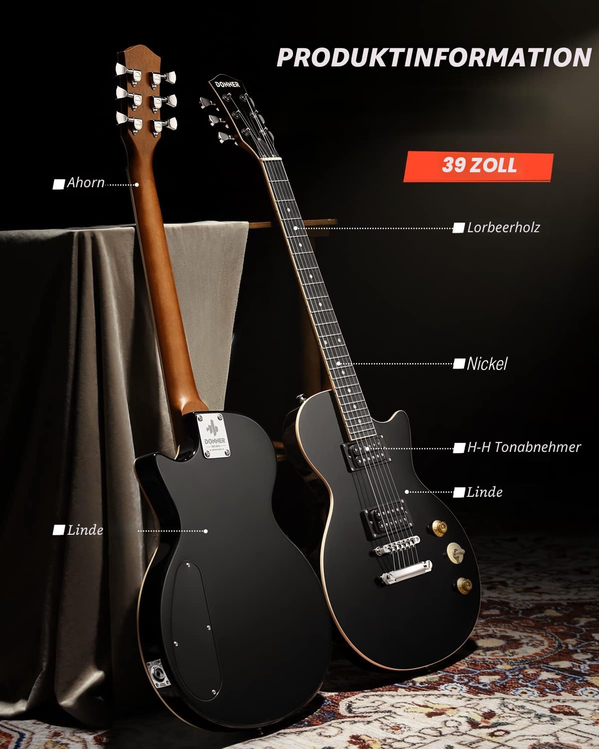 Donner E-Gitarre Set E Gitarren LP-Stil 39 Zoll Voller Größe mit Tasche, Gurt, Kabel (Schwarz)