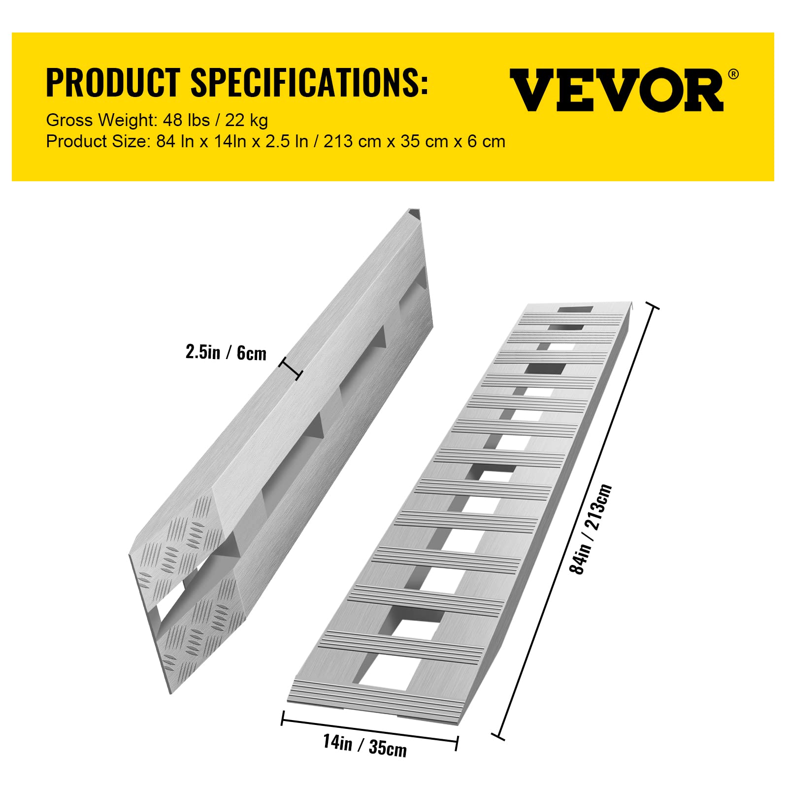 VEVOR Rampas de Aluminio de 84 x 14 Pulgadas con Capacidad de 6000 Libras rampas de Remolque para Camiones ATV, 1 par, 2 rampas