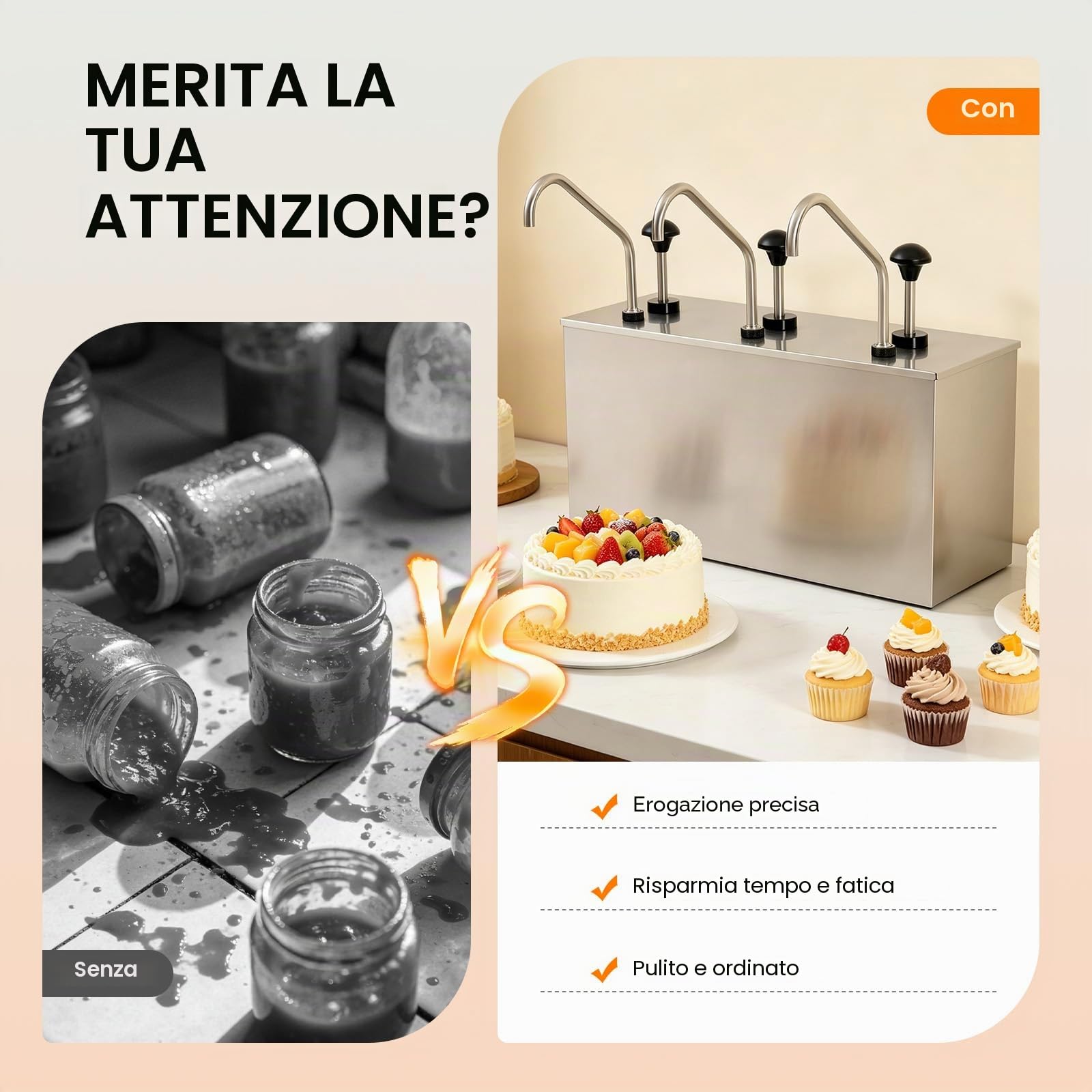 Pompa per Salsa a 3 Teste in Acciaio Inox, OT-TWYJ-2964-EU Distributore di Salsa da Banco con 3 Vasche da 4L, Pompa Erogatrice per Salsa di Soia, Aceto, Olio, Ideale per Cucina, Ristorante, Hotel