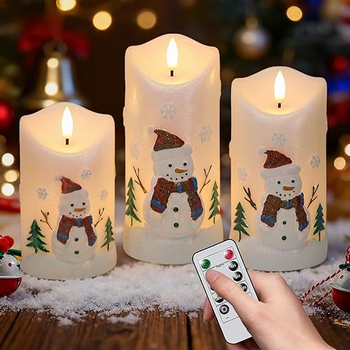 DRomance  Velas sin llama de muñeco de nieve a pilas, con control remoto y temporizador cera real, mecha 3D, parpadeantes, velas LED pintadas de