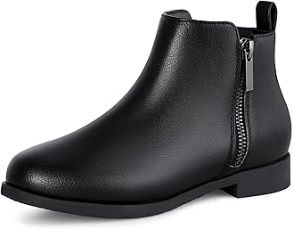 Girls Boots Kids Ankle Boots Zipper School Shoes Elegant Big Kid Fashion Winter Boots Zip-up Short Flat Bootie for Junior/Yourth Black with Fur UK12