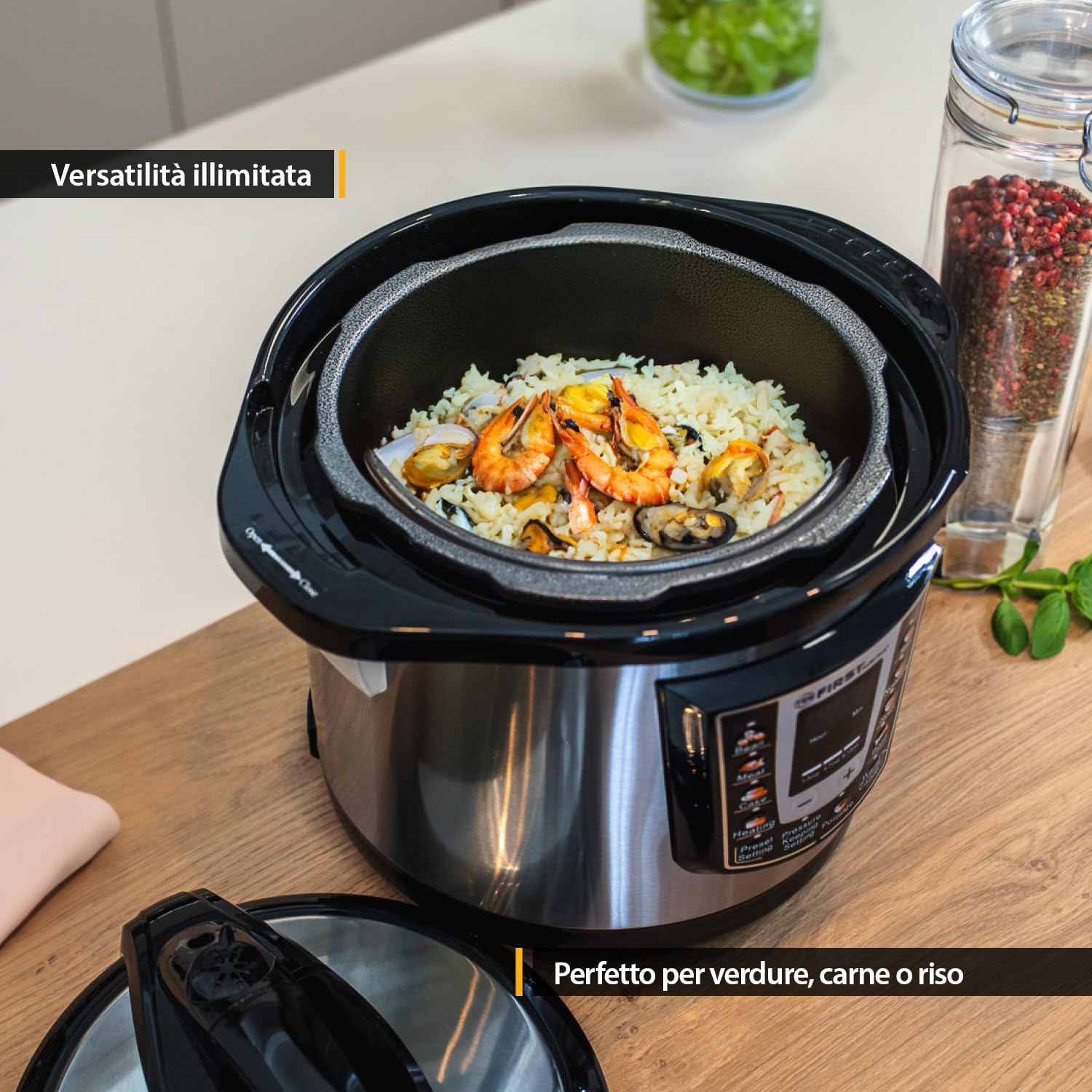 TZS First Austria - Olla a presión eléctrica 6L con 9 programas automáticos - Multicooker 1000W como arrocera, vaporera, Crock Pot, etc. - Multiolla eléctrico a presión