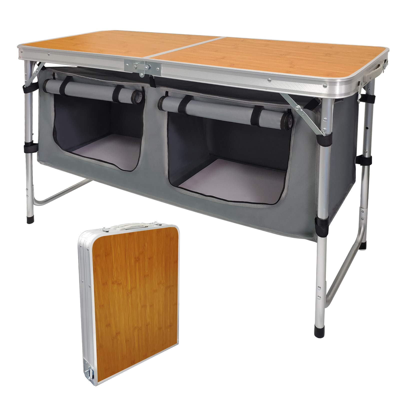 Folding Camping Table with Storage Lightweight Camp Tables Portable Indoor/Outdoor Collapsible Table Height Adjustable Camp Kitchen Perfect for Picnic, Beach, Travel, Tailgating, Backyards, BBQ, Party