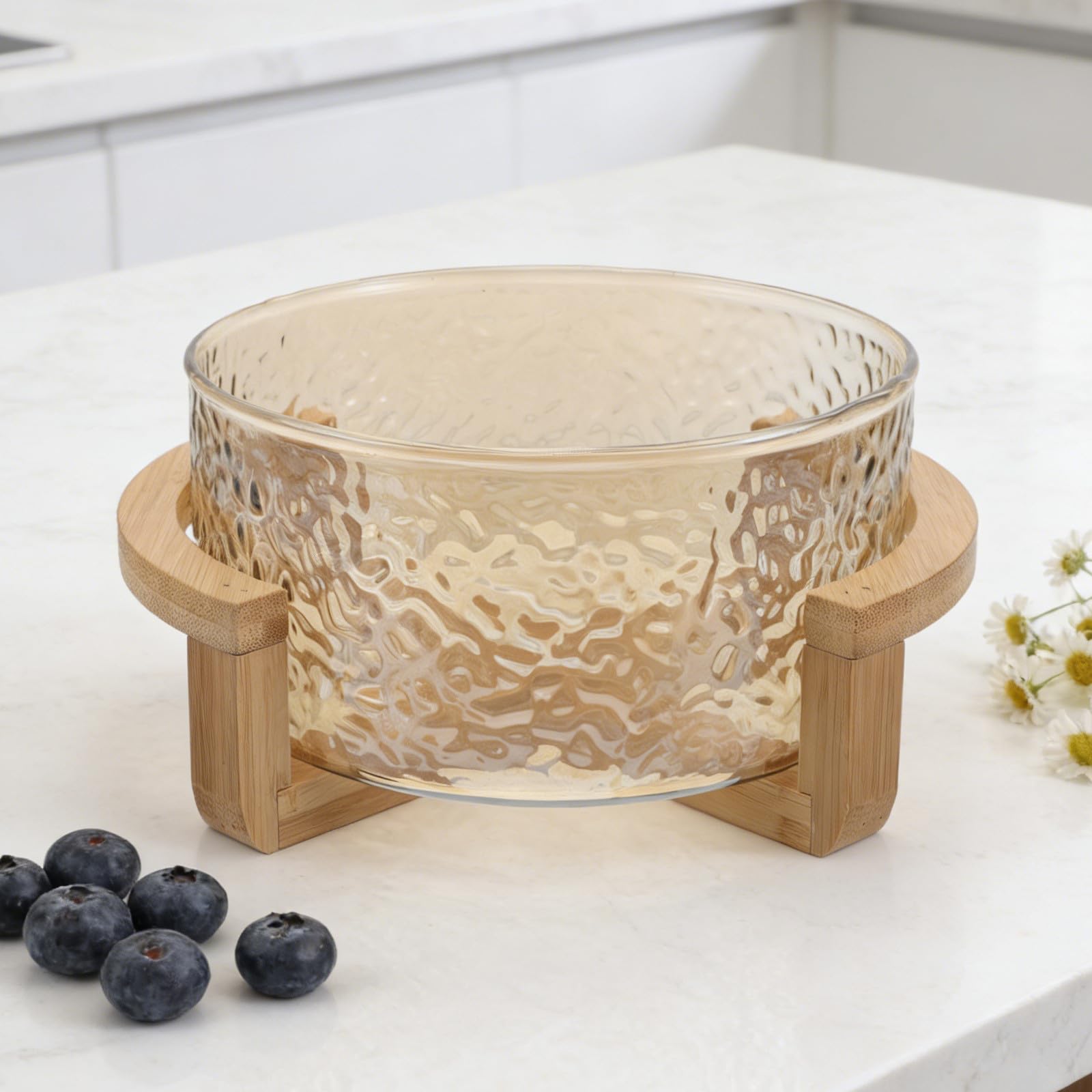 Bol de Ensalada de Vidrio con Efecto de Ondas de Agua y Soporte Seguro de Bambú Dorado, Elegante y Funcional para Uso Diario y Fiestas, Tamaño 21x17.5x10cm