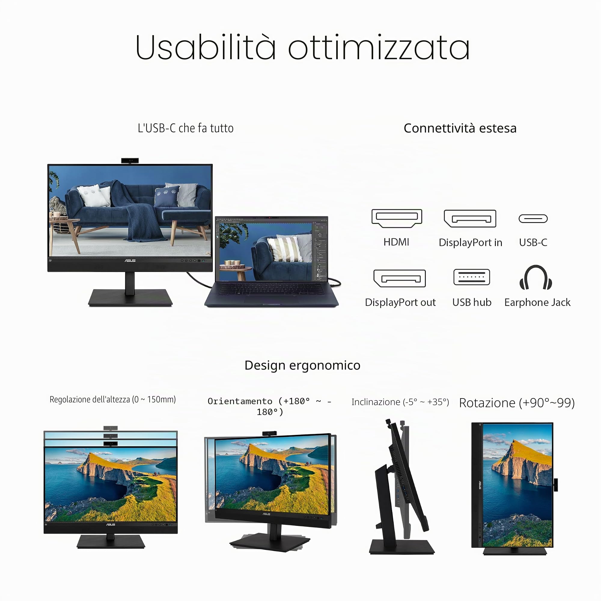 ASUS BE27ACSBK, Monitor Business da 27” IPS WQHD (2560x1440), Nero | Frameless, Webcam FHD, Microfono Ai Noise Canceling, USB-C, Speaker Integrati, Design Ergonomico, Eye Care, Filtro Luce Blu