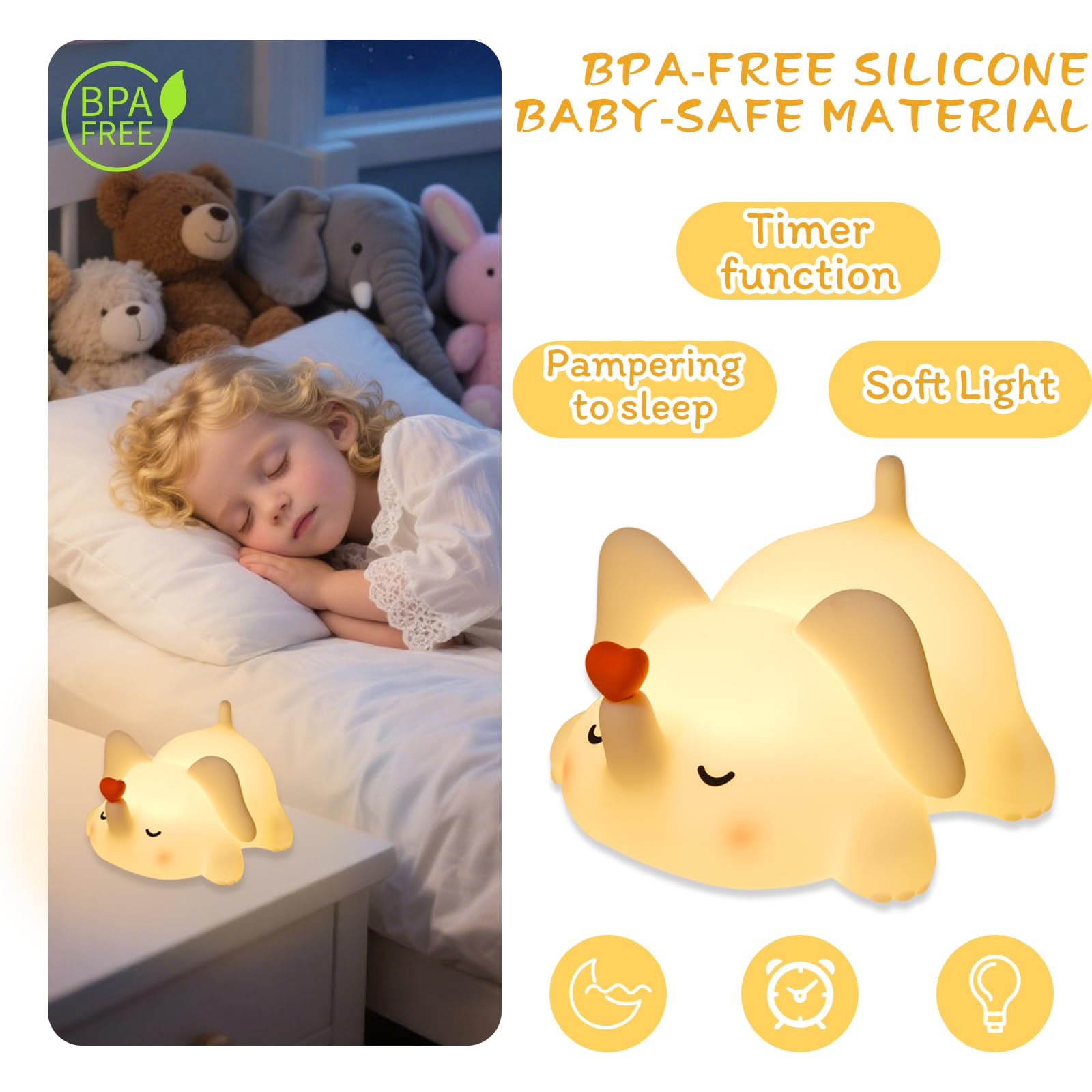 Elefant Nachtlicht für Kinder, Silikon Squishy Lampe mit Touch-Steuerung 3-stufig dimmbar, Auto-Off-Timer, wiederaufladbares Kinderzimmerlicht, Baby-Geschenk (weiches Weiß)