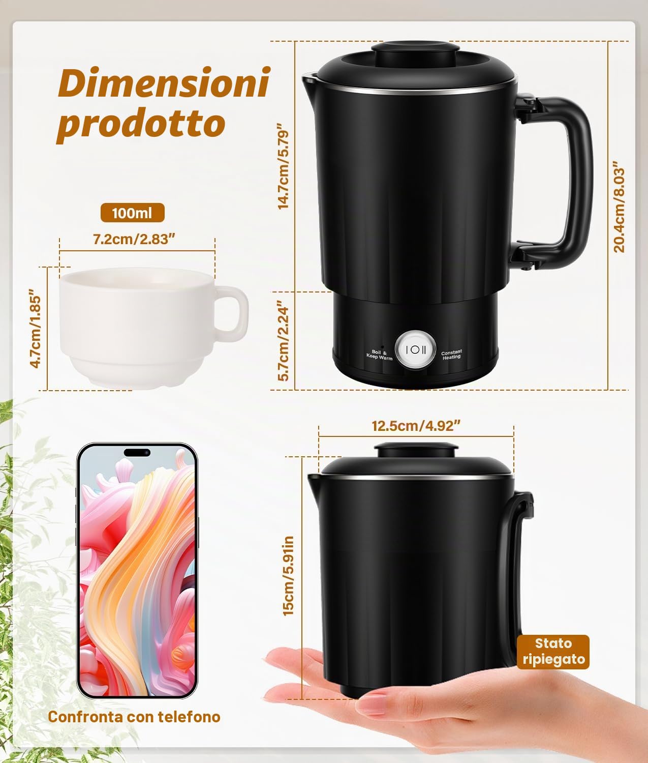 PAHTTO Bollitore elettrico in acciaio inossidabile, 800 ml Bollitore elettrico con una tazza, senza BPA, riscaldamento in 5 minuti, perfetto per la famiglia, i viaggi, l'hotel, il campeggio (nero)