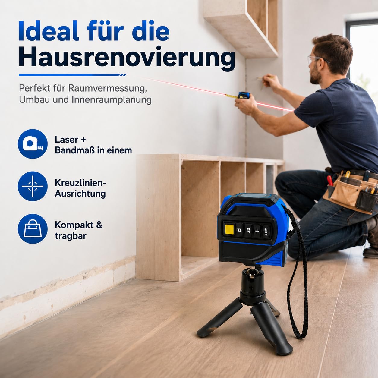 Laser Entfernungsmesser 40 m, 4 in 1 Laser Maßband mit 5 m Maßband, 40 m Laser, 16 m Laser-Fadenkreuzmarkierung, Stativ für Flächen/Pythagoreische/Nivellierung