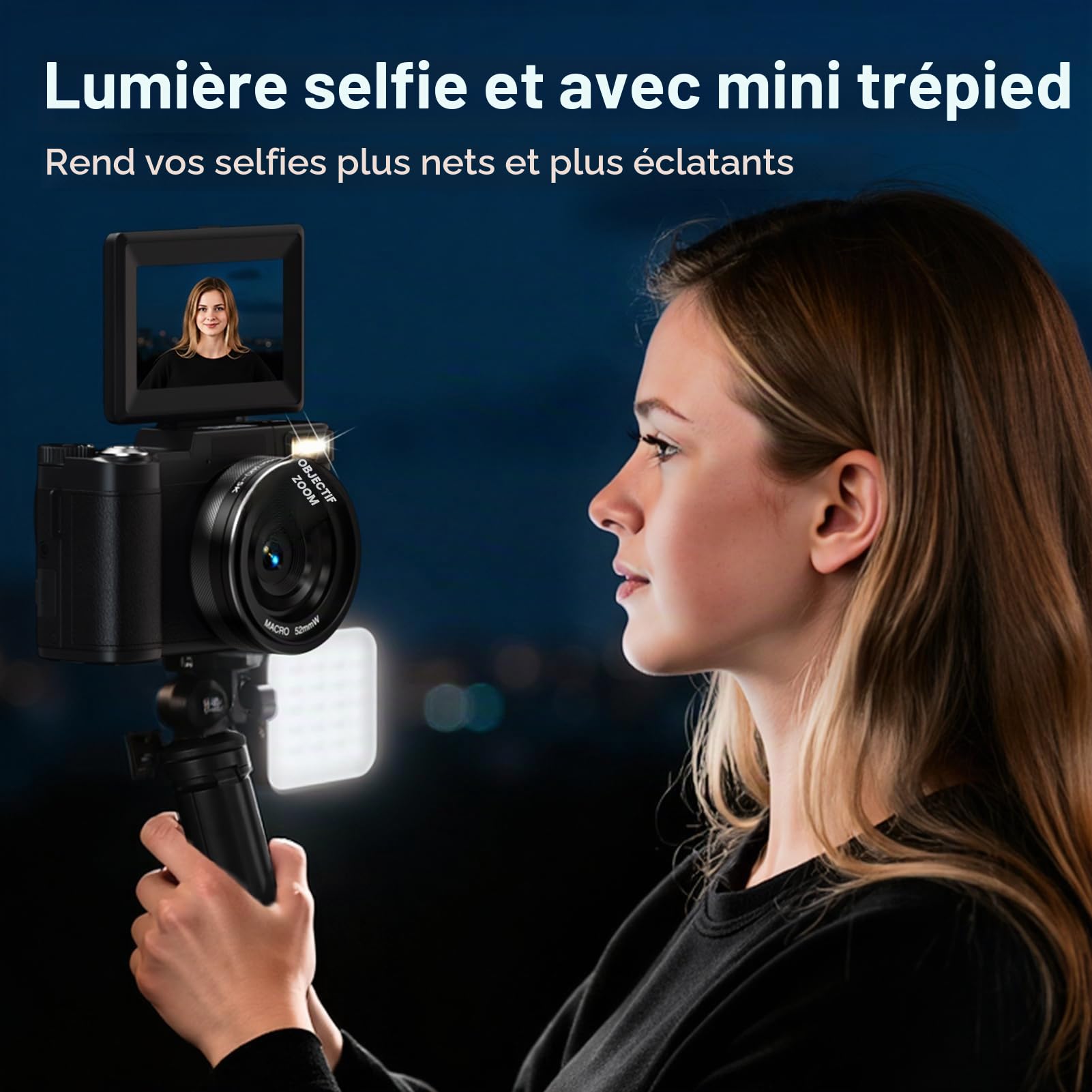 Appareil Photo numérique 5K avec WiFi pour la Photographie, caméra de vlogging 64MP avec écran Rabattable pour Youtube, Comprend Une Carte SD de 64 Go, Un trépied, Une lumière Selfie et 2 Piles