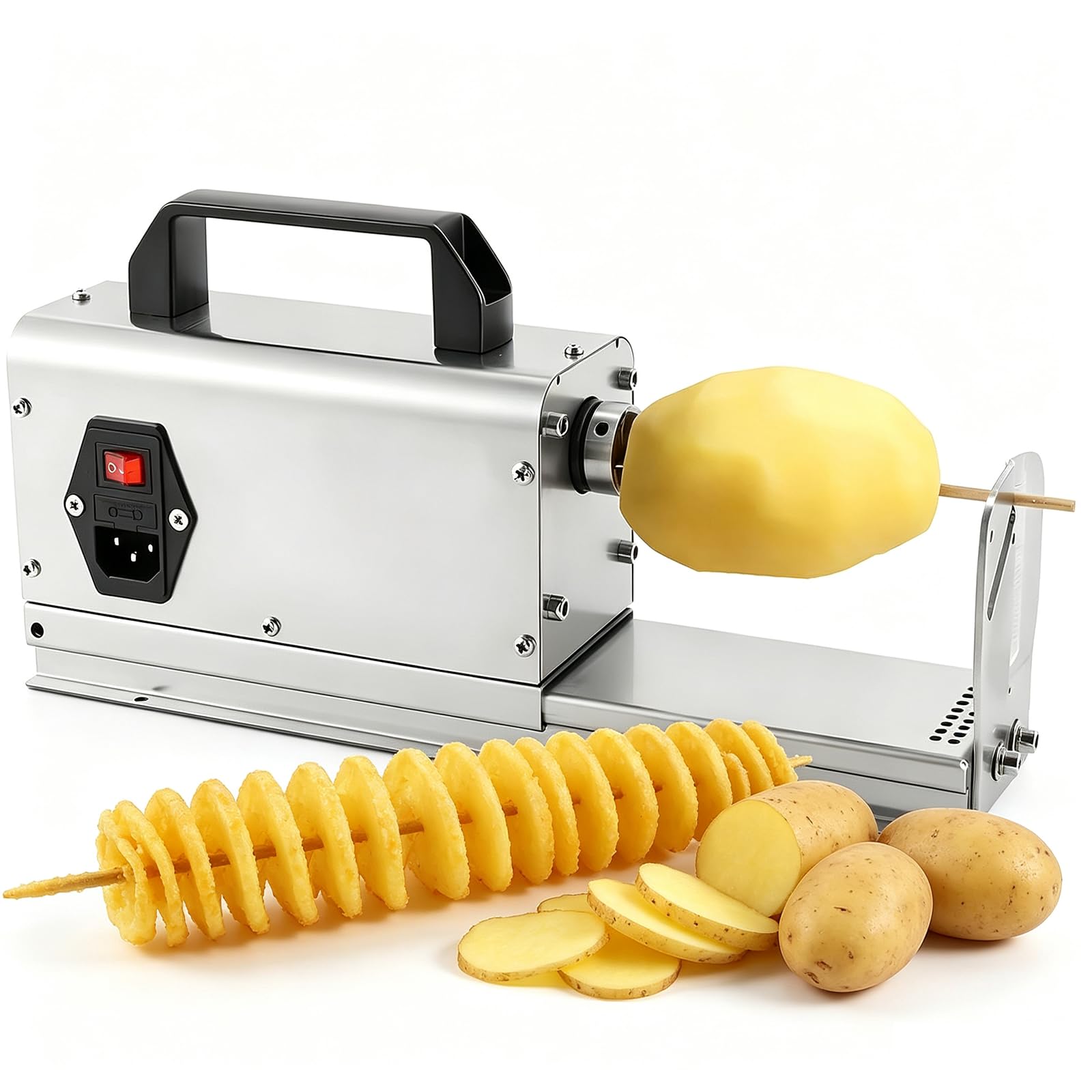 Cortador de papas fritas eléctrico, rebanadora de espiral de papa comercial | varilla de empuje fija, mango ergonómico, cuchilla afilada de acero inoxidable reemplazable, zanahorias, pepinos, perro ca