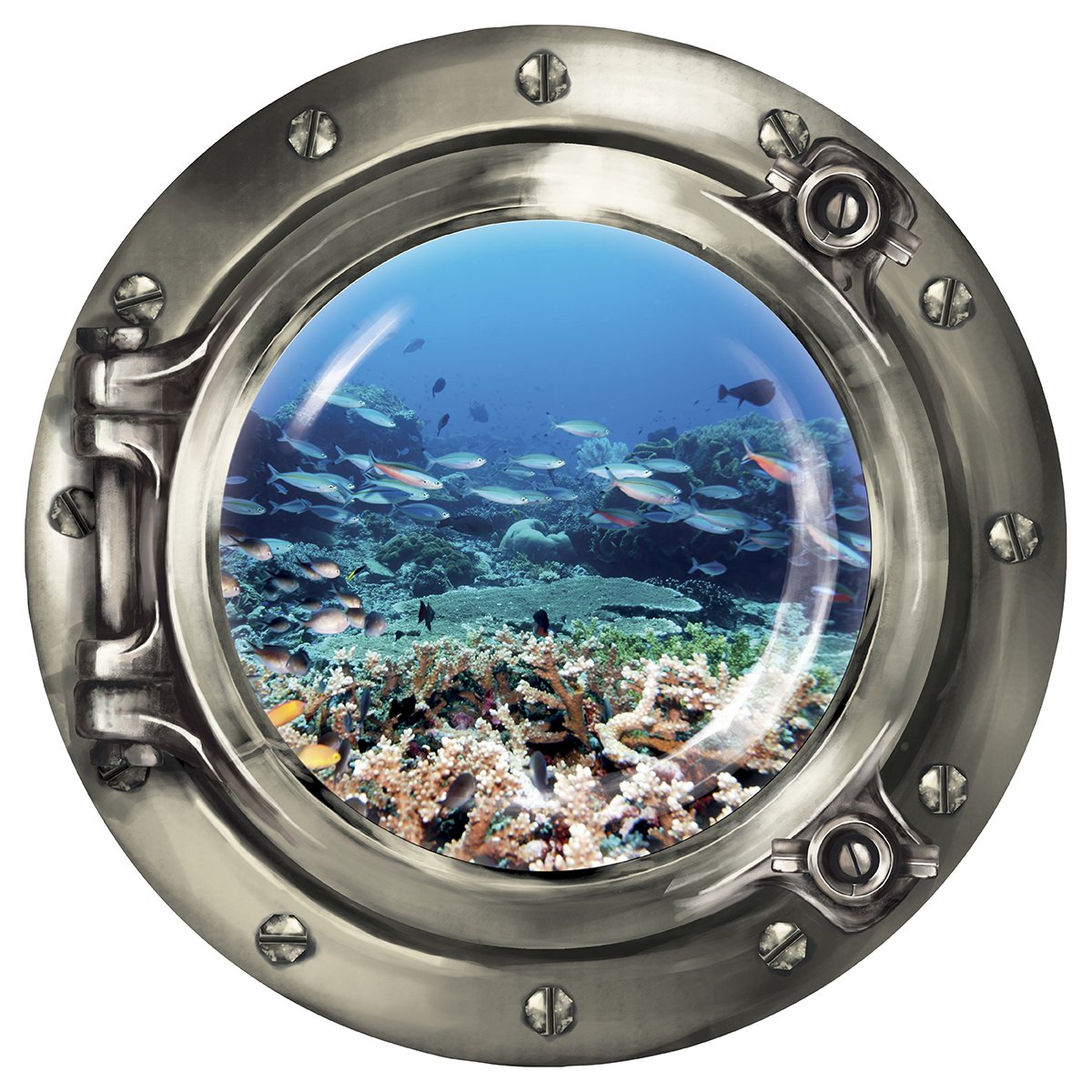 Wandsticker Bullauge „Unterwasserwelt – Neugieriger Delfin“ – 30x30 Cm, Silber | Für Fliesen & Wände