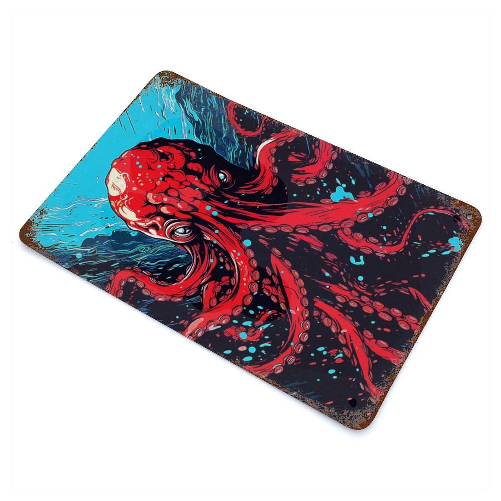 Red Octopus Aged Metal Wall Plaque 11.8"x7.9", Decorative Metal Wall Art for Garage, Pub Or Kitchen