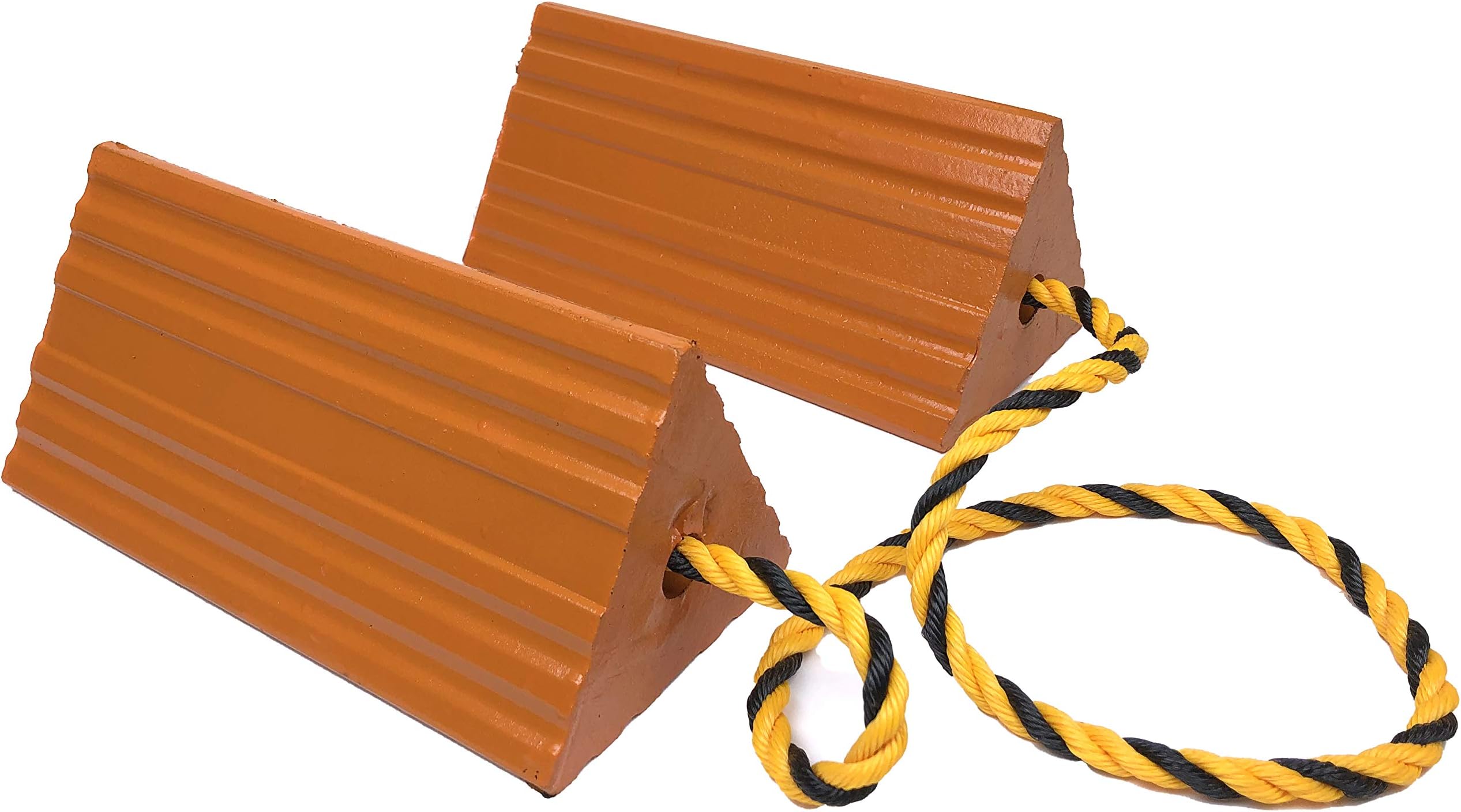 Industrial Rubber Wheel Chock Blocks with Rope - High Visibility Orange - 9.6" Wide x 5" High BW3433
