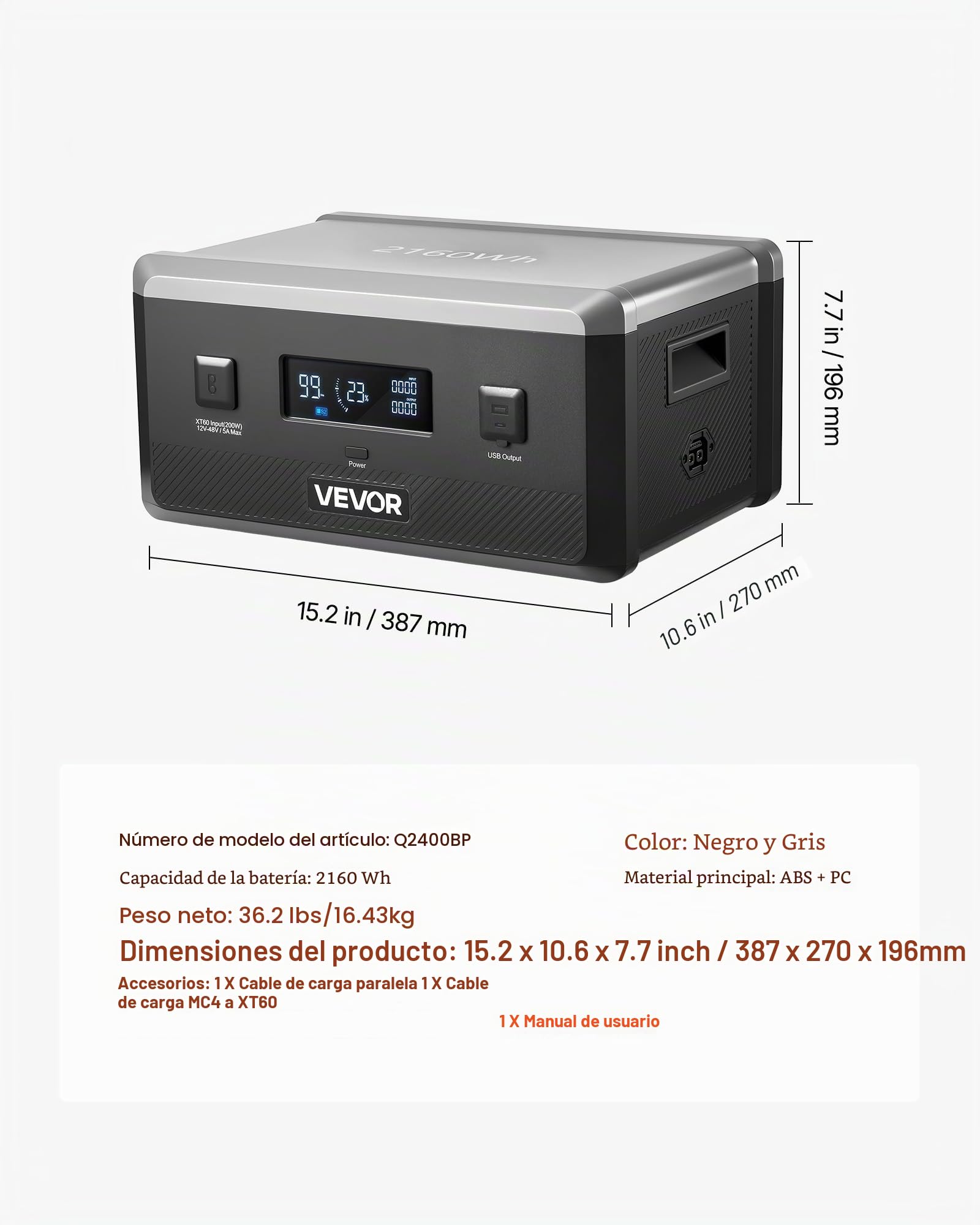 VEVOR Batería Portátil de Expansión Adicional LiFePO4 de 2160 Wh, con 3 Puertos de Salida para Uso Doméstico, Camping, Viajes, Autocaravanas y Emergencias, 387 x 270 x 196 mm, Color Negro y Gris