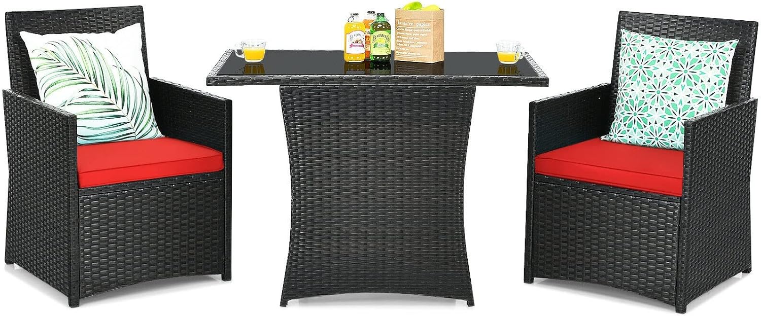 3PCS Patio Rattan Furniture Set Cushioned Sofa Armrest Garden Deck Red Suitable for, Porch, and Balcony, Etc