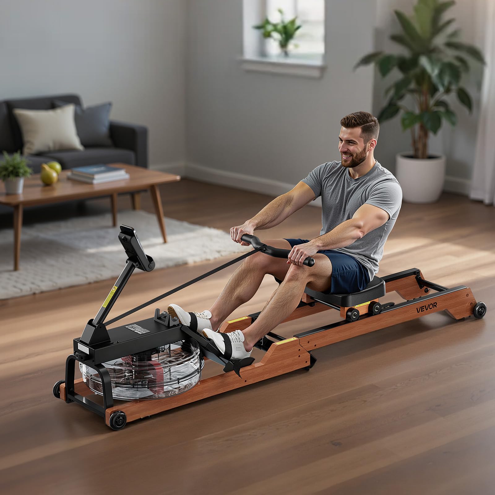 VEVOR Máquina de Remo, con 6 Niveles de Resistencia Silenciosa, Plegable, de Madera, con Tanque de Agua de 14 L y Pantalla LCD, Compatible con Aplicación Bluetooth, Capacidad de Peso de 158 kg