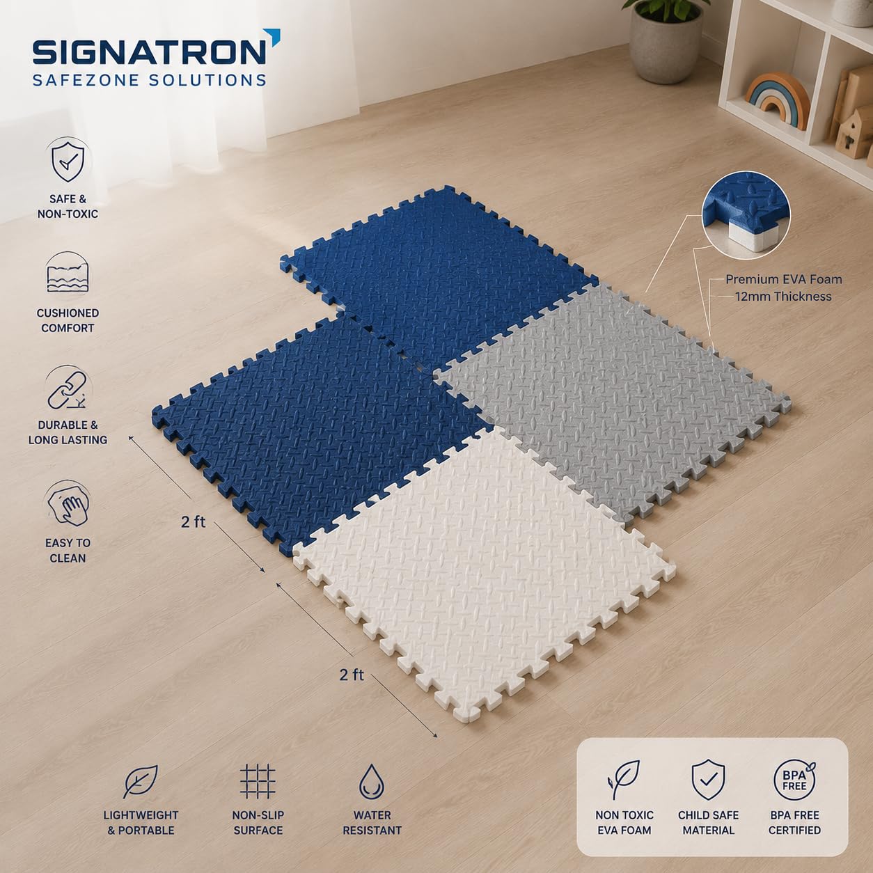 Interlocking SIGNATRON 4pcs - 16 SqFt Puzzle Flooring, Kids Play mat, Shop, Baby Crawling, 12mm Thick (Navy Blue - Grey - White) 1