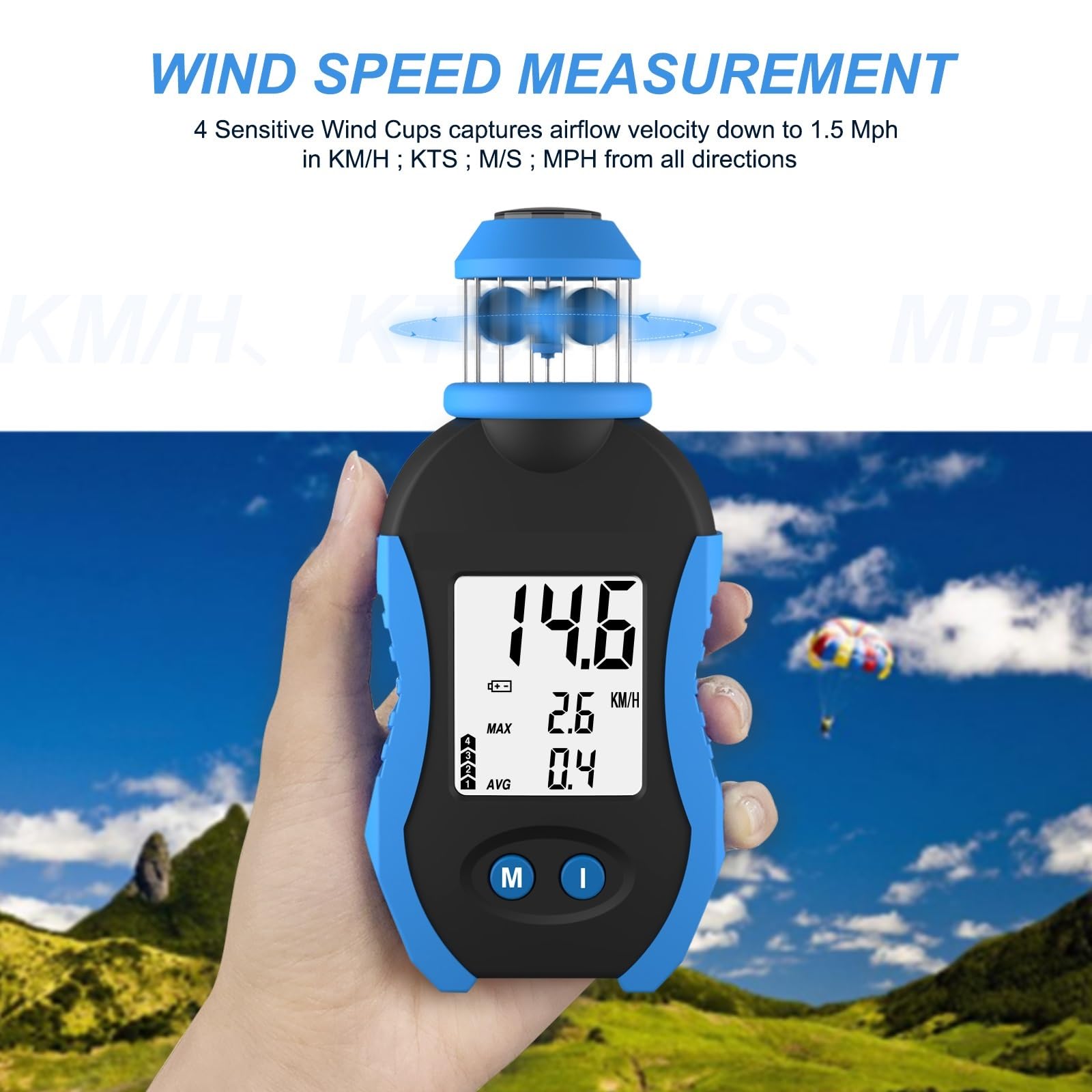 Wiatromierz, Cyfrowy anemometr, przenośny miernik wiatru, czujnik prędkości przepływu powietrza z kubkiem wiatrowym, pomiar prądu