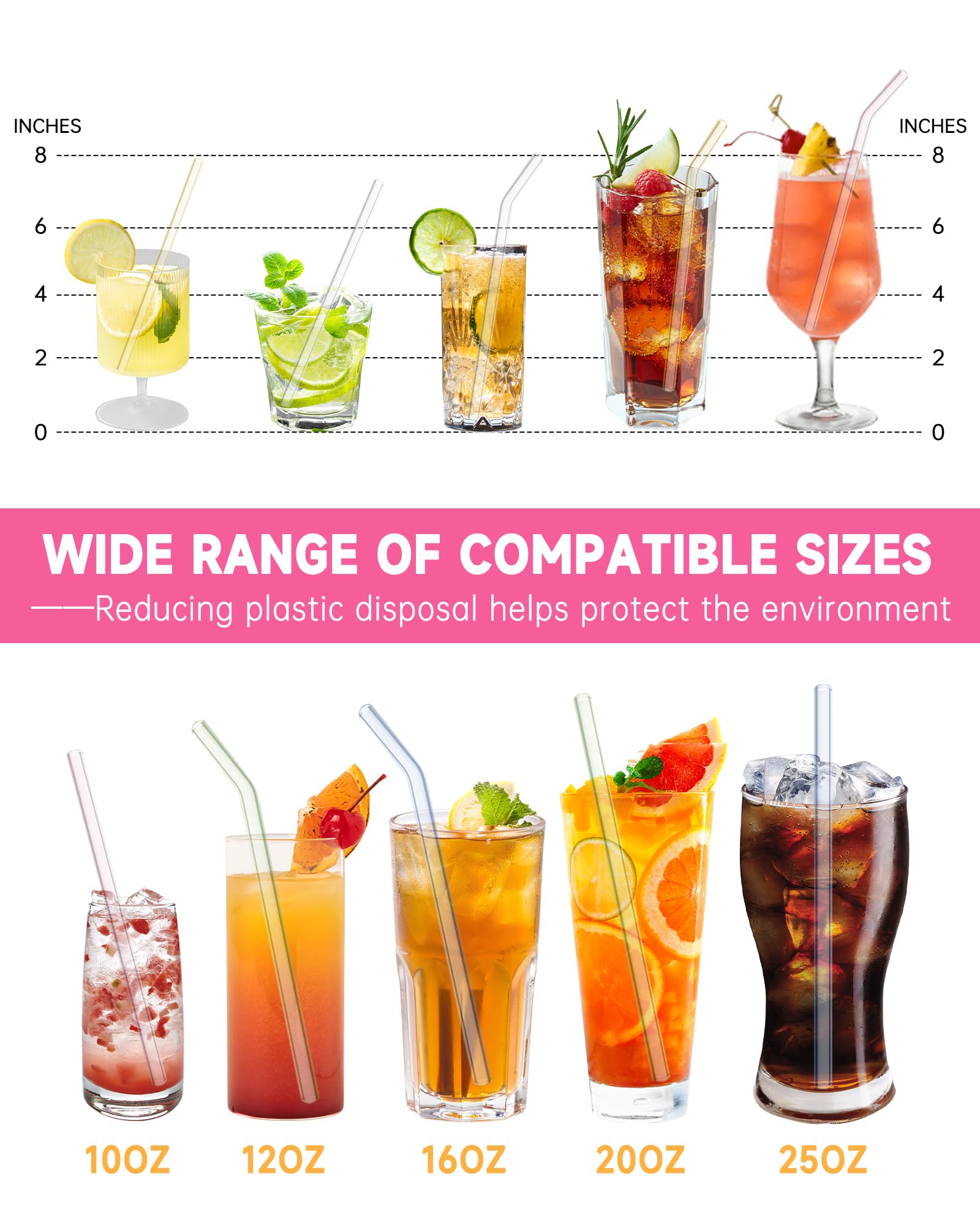 Reusable Glass Straws Shatter Resistant 8” x 8mm, 10 Pcs Colorful Glass Drinking Straws with 2Pcs Cleaning Brush, Including 5 Straight and 5 Bent Reusable Straws for Beverage, Milk, Juice, Coffee: 10 Colorful