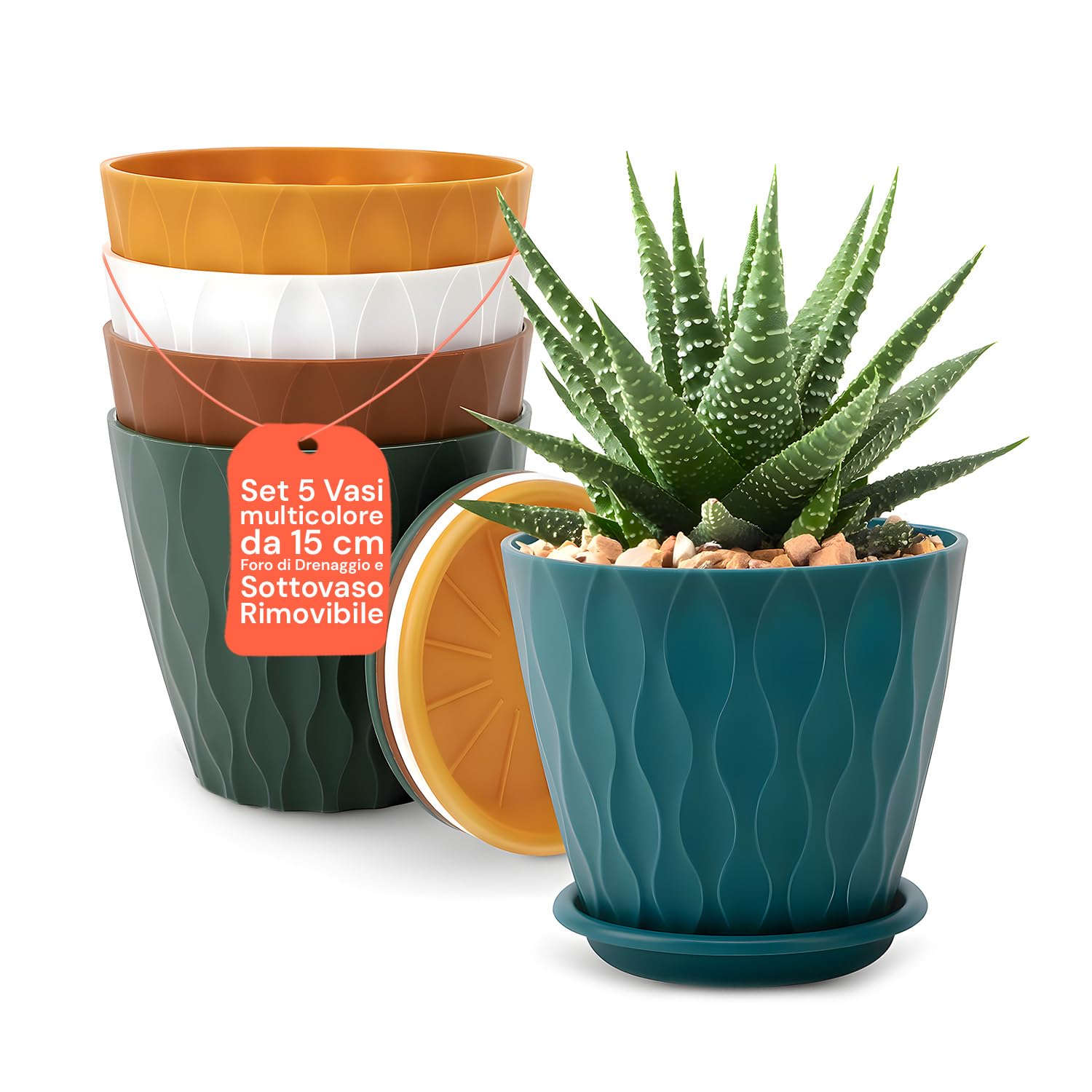 Avilia - Set 5 Vasi per Piante da Interno 15cm con Foro di Drenaggio, Sottovaso Rimovibile, Plastica Resistente Multicolore, Ideali per Arredare Casa con Stile e Coltivare con Facilità