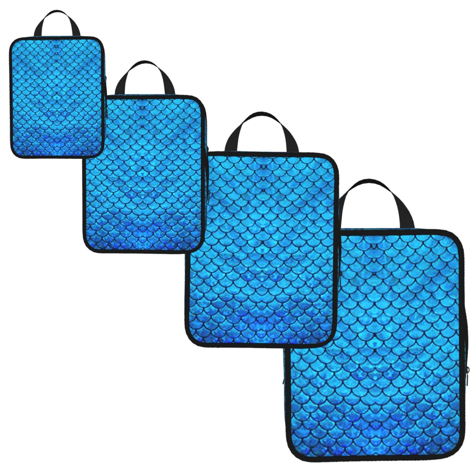 blue fish scale Print 4 Set Compression Packing Cubes for Suitcases,Expandable Storage Bags Organizers