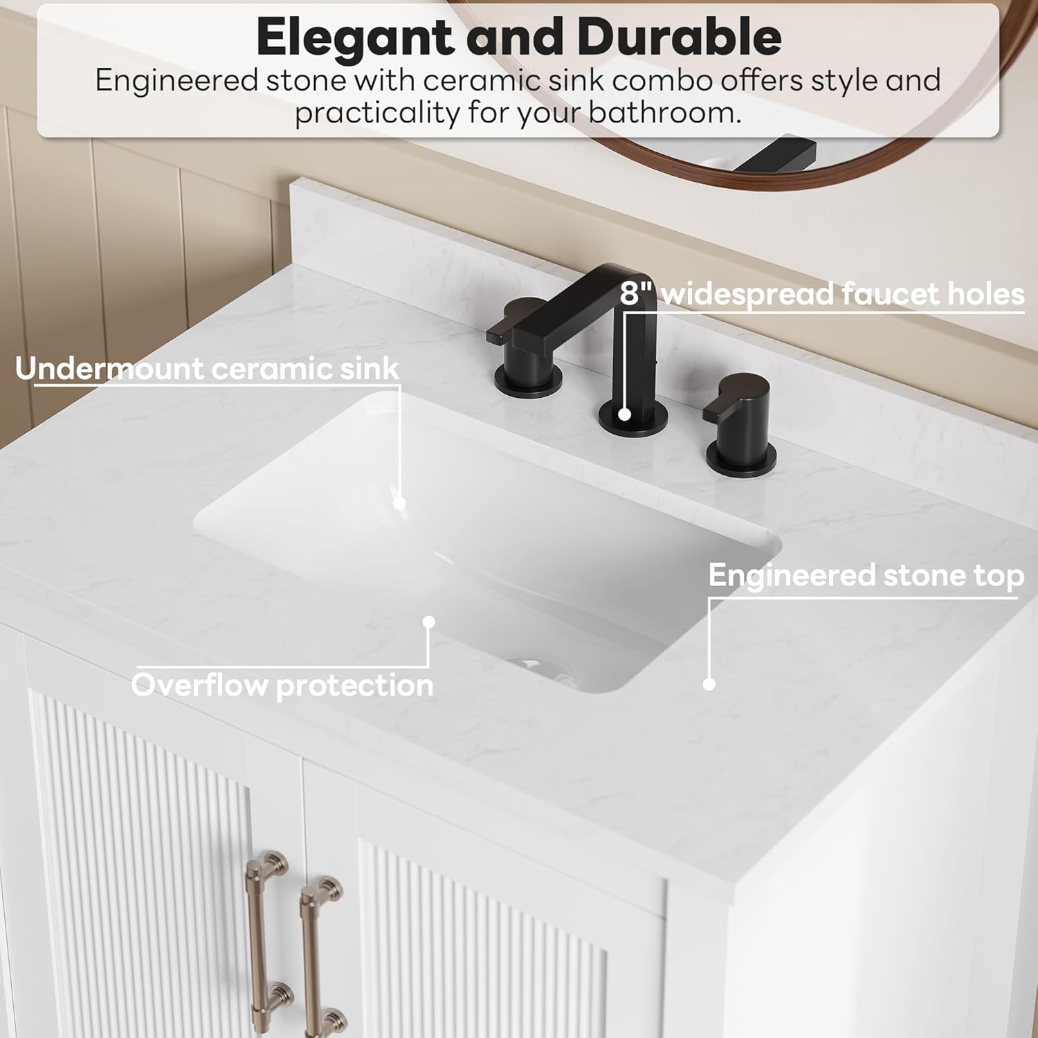 LIKIMIO 30" Bathroom Vanity with Sink, Freestanding Bathroom Vanity with 2 Soft-Close Doors, Engineered Stone Countertop with Undermount Ceramic Sink, Modern Stripe Design, Easy Assembly, White