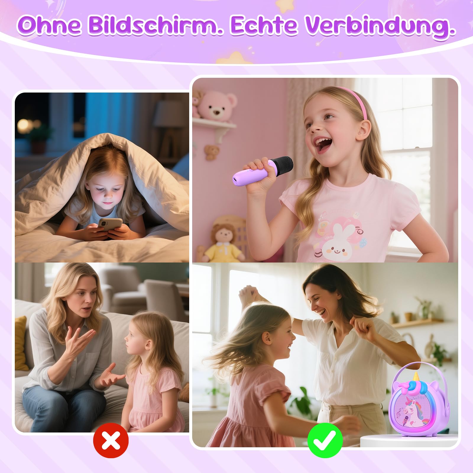 Fippesax Kinder Karaoke Maschine mit 2 kabellosen Bluetooth Mikrofonen, Kompaktes Einhorn Musikspielzeug mit Stimmeffekten & LED Lichtern, Geschenk für Mädchen ab 6 Jahren (Lila)