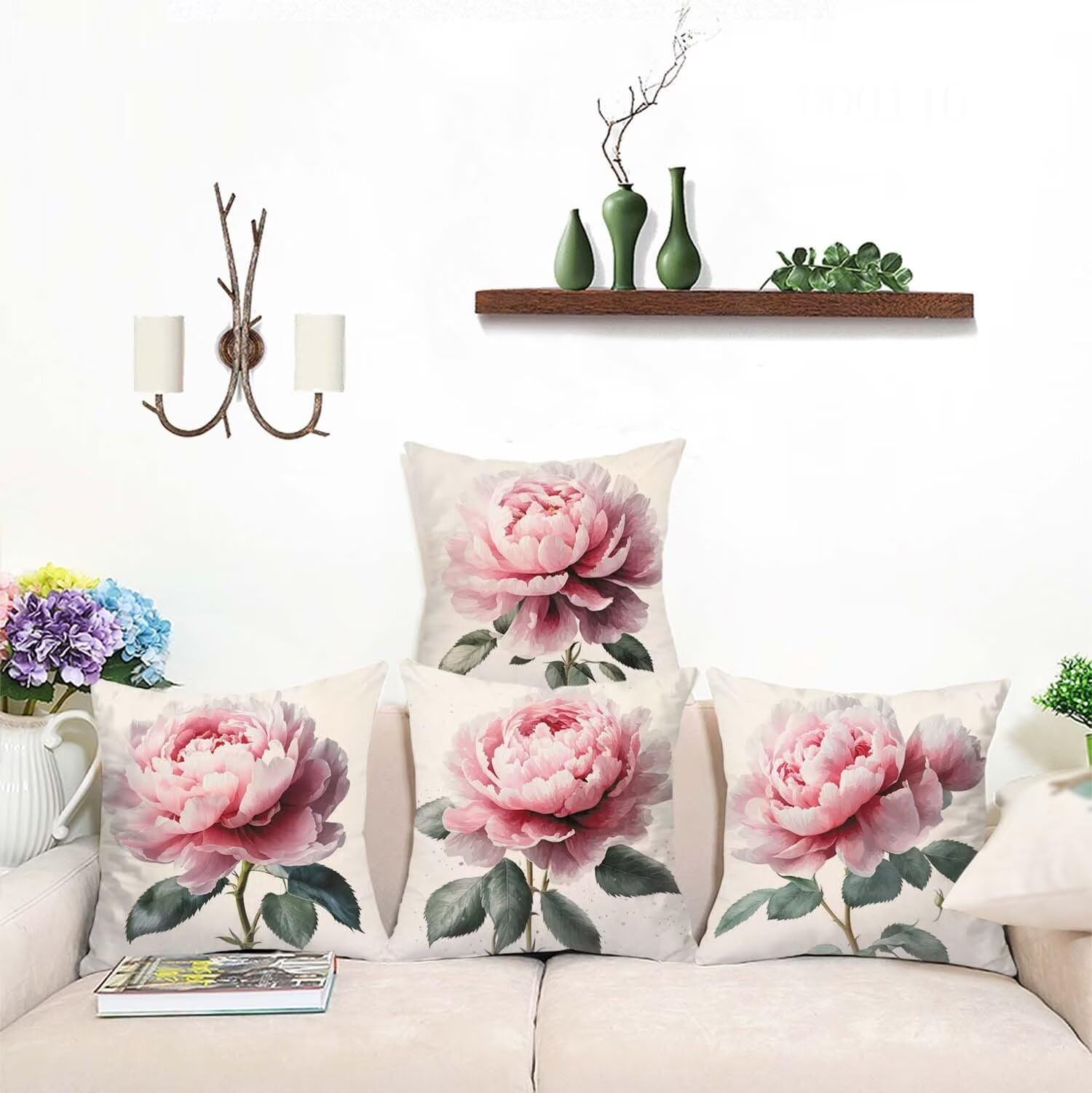 Confezione da 4 federe impermeabili per cuscini da esterno, 75 x 75 cm, motivo peonia, per giardino, tenda, divano, sedia e cuscini decorativi