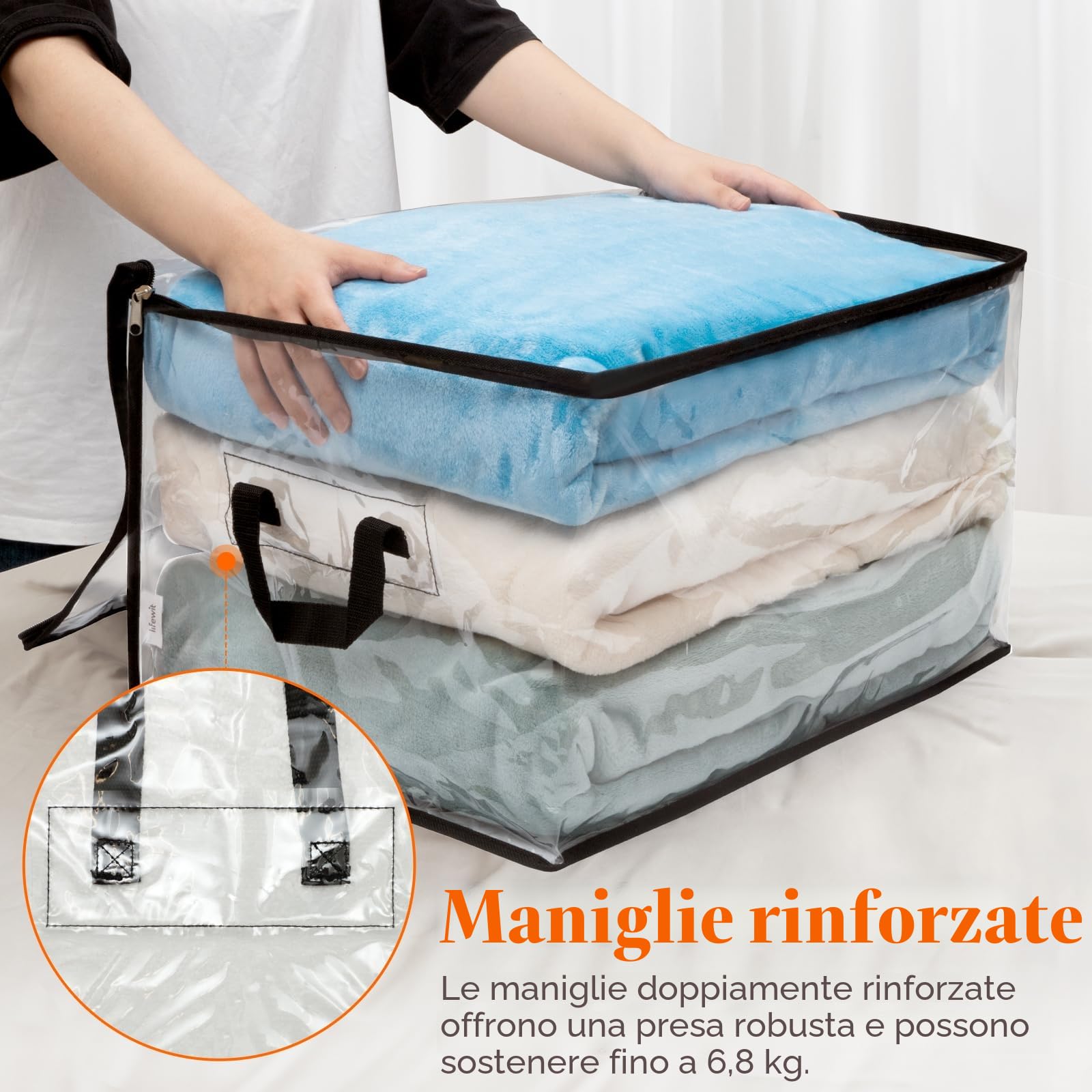 Lifewit 4 Pezzi Scatole per Vestiti Trasparente 60L, Organizer Armadio Pieghevole con Manici, Scatole per Armadio en PVC, Scatoloni Trasloco, Organizer Armadio per Vestiti, Coperte, Piumoni, Libro