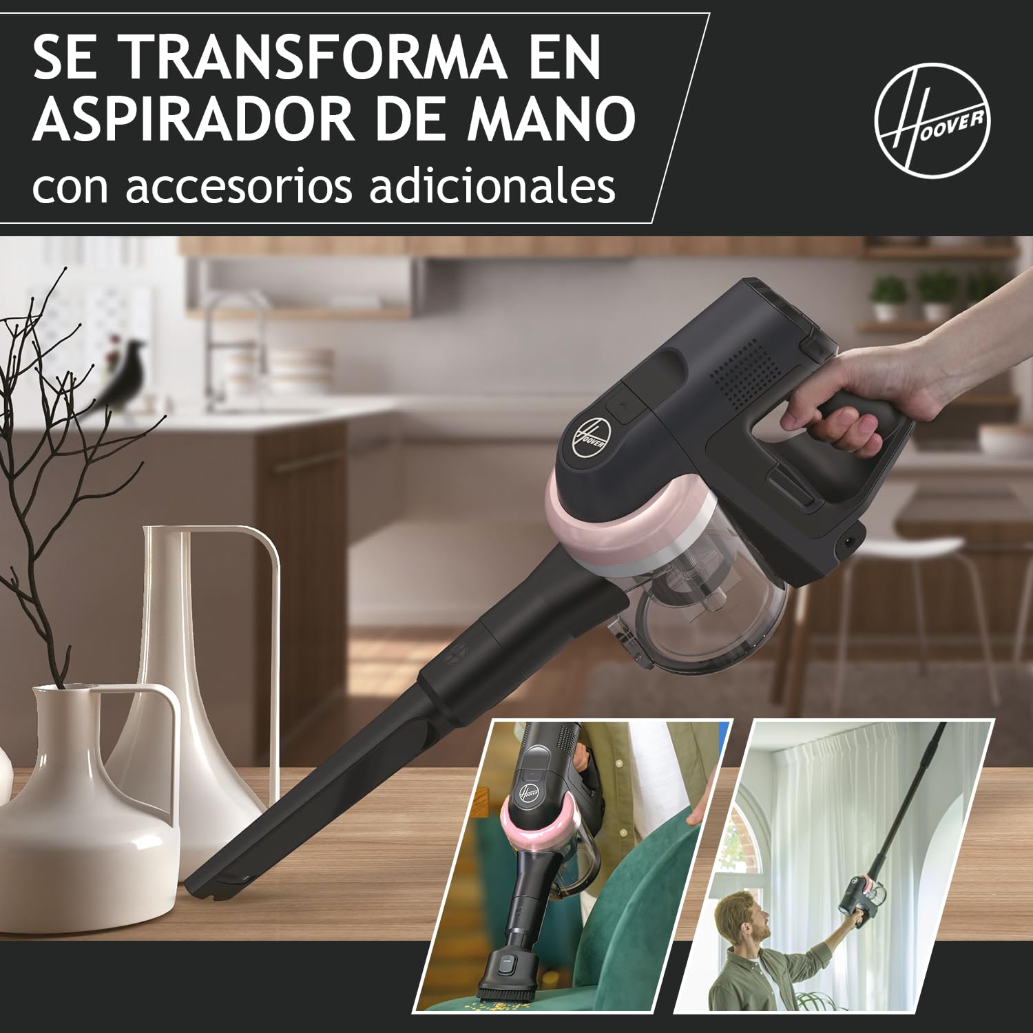 Hoover Aspiradora Escoba Sin Cable Especial Suelos Duros, 1200 POWERTIME, Alta Potencia, Cepillo Antienredos, Luces LED, Ligera, Ideal para Rincones [HF401H]