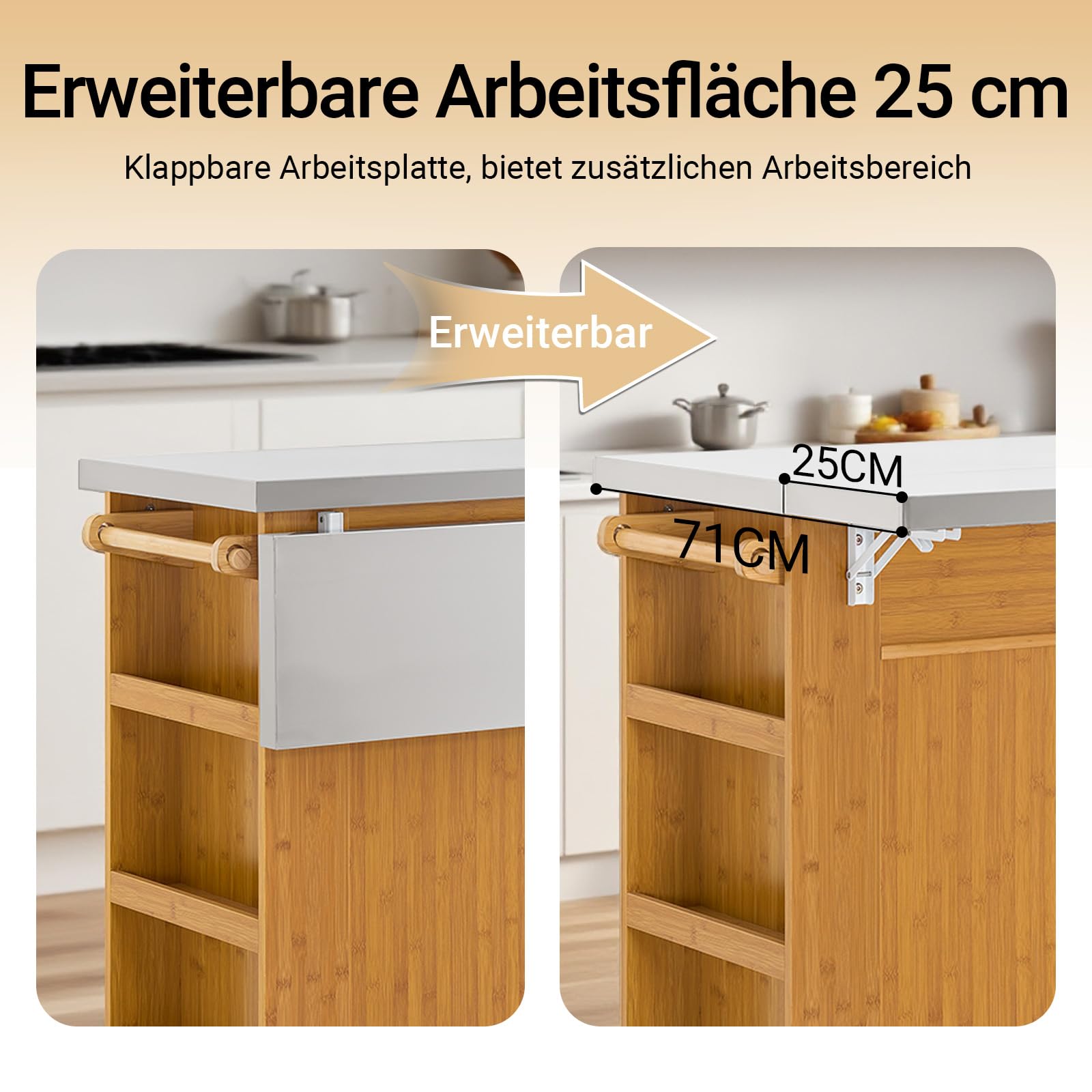 SoBuy Kücheninsel freistehend mit ausziehbarer Edelstahl-Arbeitsplatte – Küchenwagen mit Schubladen für Küche, Esszimmer und Garten, Innen- und Außenbereich, Naturholz, 107x92,5X(46–71) cm, FKW130-N