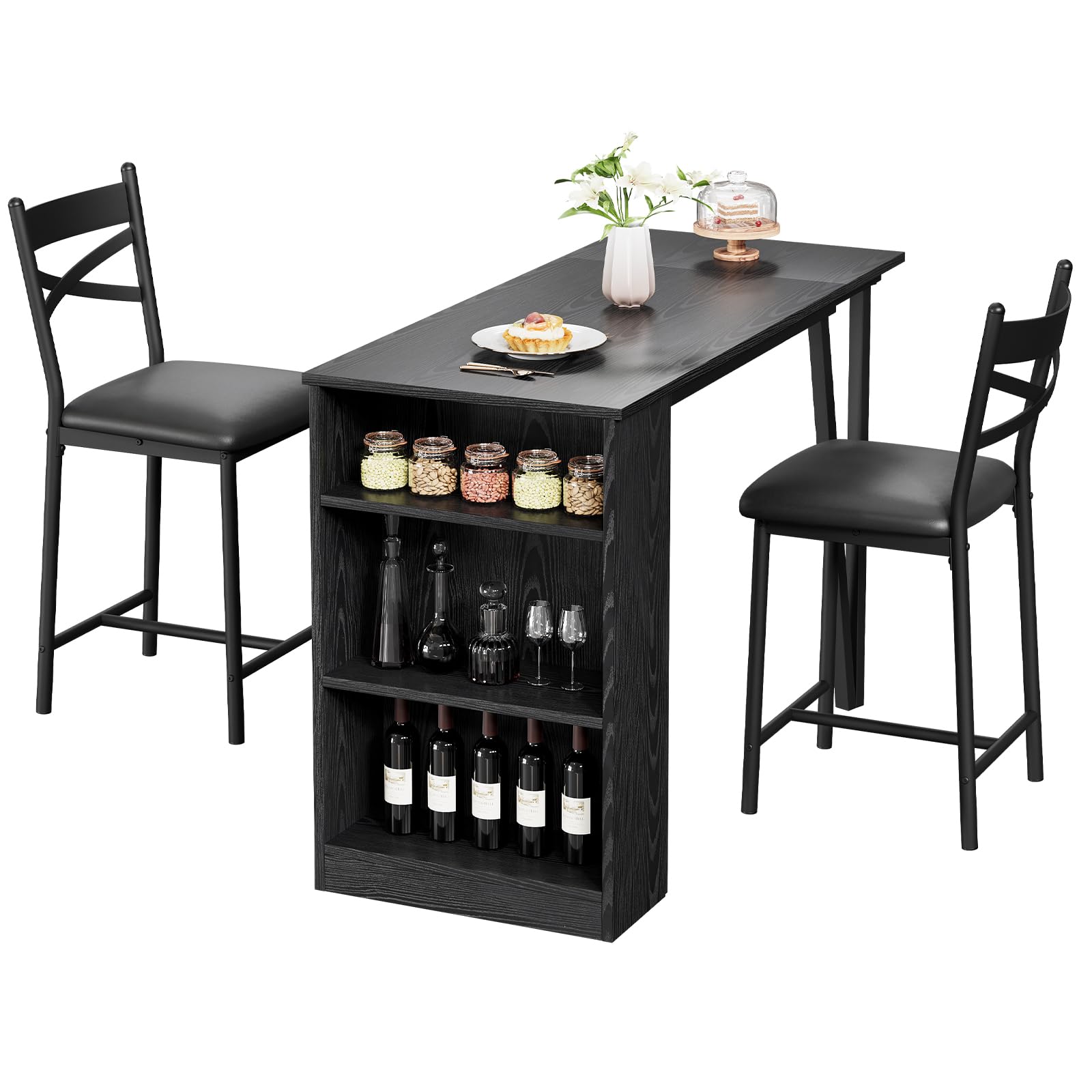 GarveeLife Set Mesa Bar Alta 1+2 Taburetes Estante Negro 120x50x91.5cm | MDF Hierro Tapizado Soft Negra 1 Mesa 2 Taburetes Estante Inferior Extensible Ahorro Espacio Cocina Salón Bar Moderno