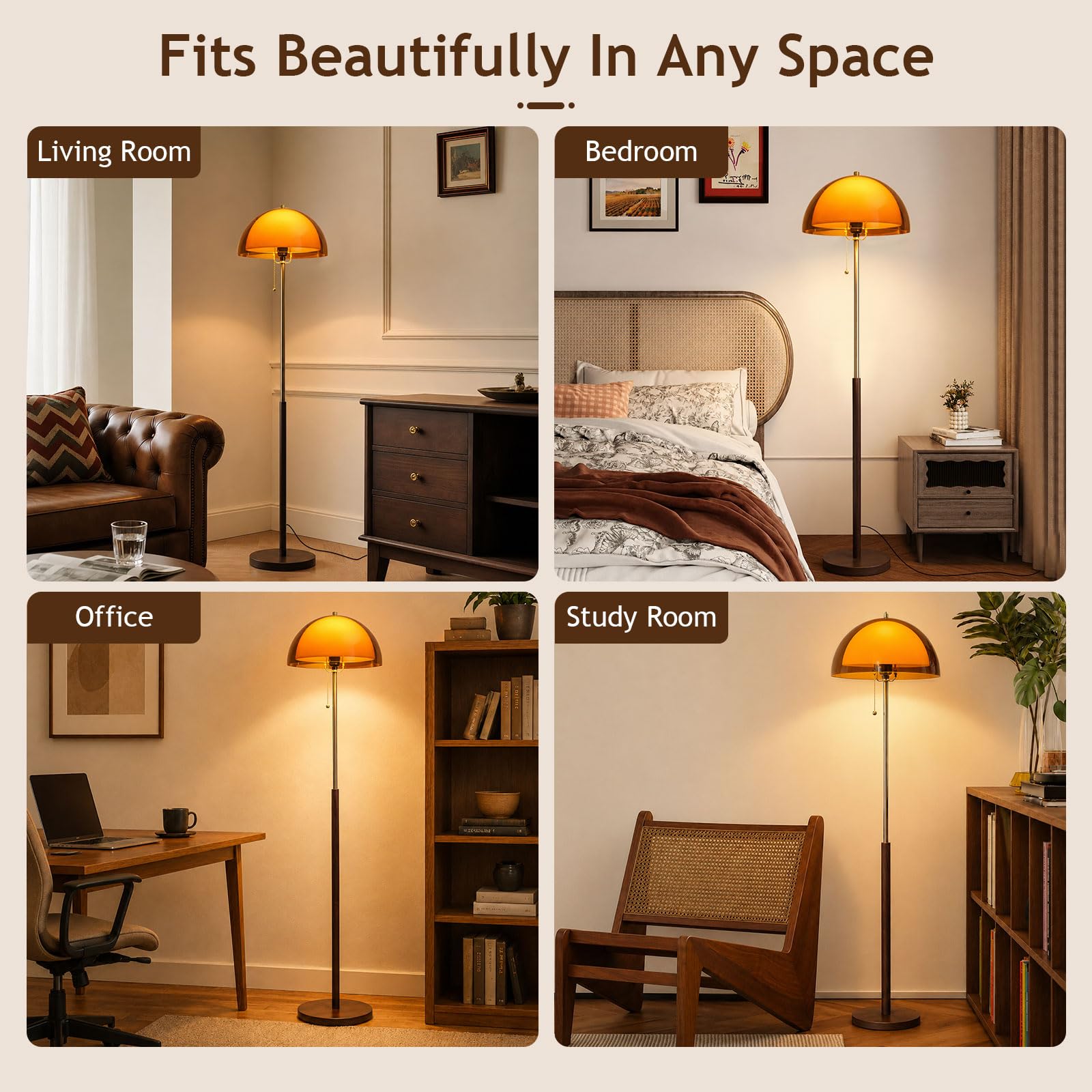 Orangefarbene Pilz-Stehlampe 153 CM, Mid-Century Modern | Zweischichtiger Acryl-Kugellampenschirm, E27, 3 Farbtemperaturen, Metallstange In Holzoptik Für Wohn-, Schlafzimmer Und Büro
