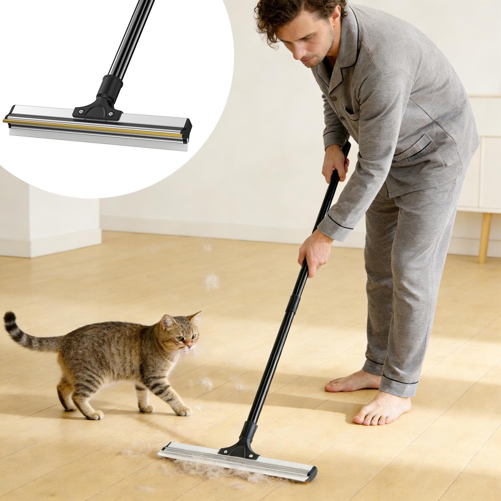 Râteau à tapis réglable avec long manche – Râteau à tapis réutilisable pour adultes et personnes âgées, convient pour canapés et tapis