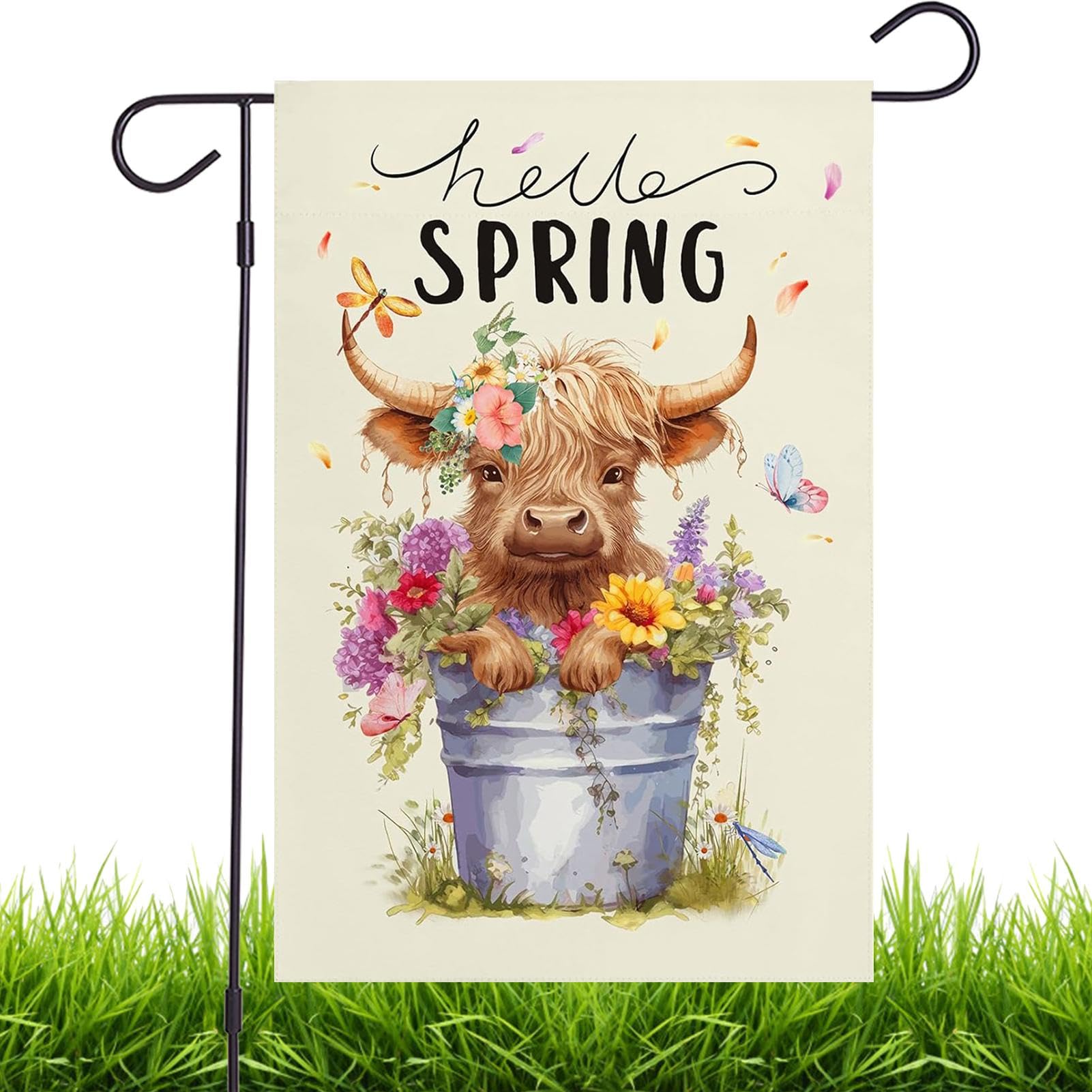 Gartenflagge „Highland Cow“ Mit Blumenmuster – Doppelseitig Bedruckt, Wetterfest, Perfekt Für Frühling & Sommer Auf Veranda Oder Terrasse